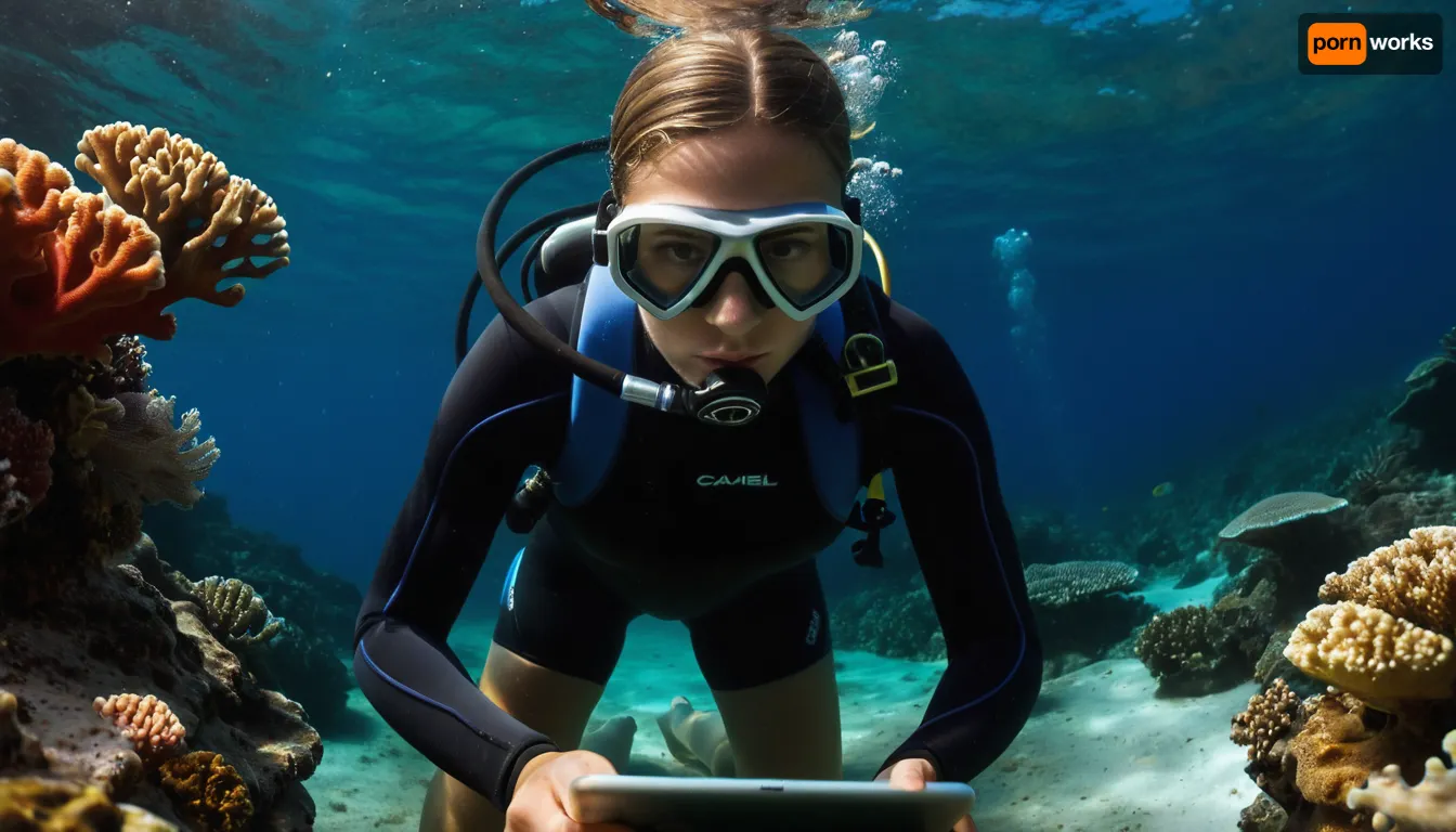 photo-realistic, details, beautiful coral reef in the southern hemisphere, with lots of, (sea-based animal life), (unrealistic, rainbow-gradient colored corals, with some mold-like infestations, in foreground), ((23yo), (diver), marine-biologist, nerdy but very cute, with, somewhat unfit body, (true skin tone), (natural skin-imperfections), wearing a neoprene FBSS-swimsuit, (cameltoe), taking notes with a stylus, on a rugged, underwater computer-tablet, in background), <lora:Full_body_smoothskin_swimsuit:.9>, <lora:dark:.2>
