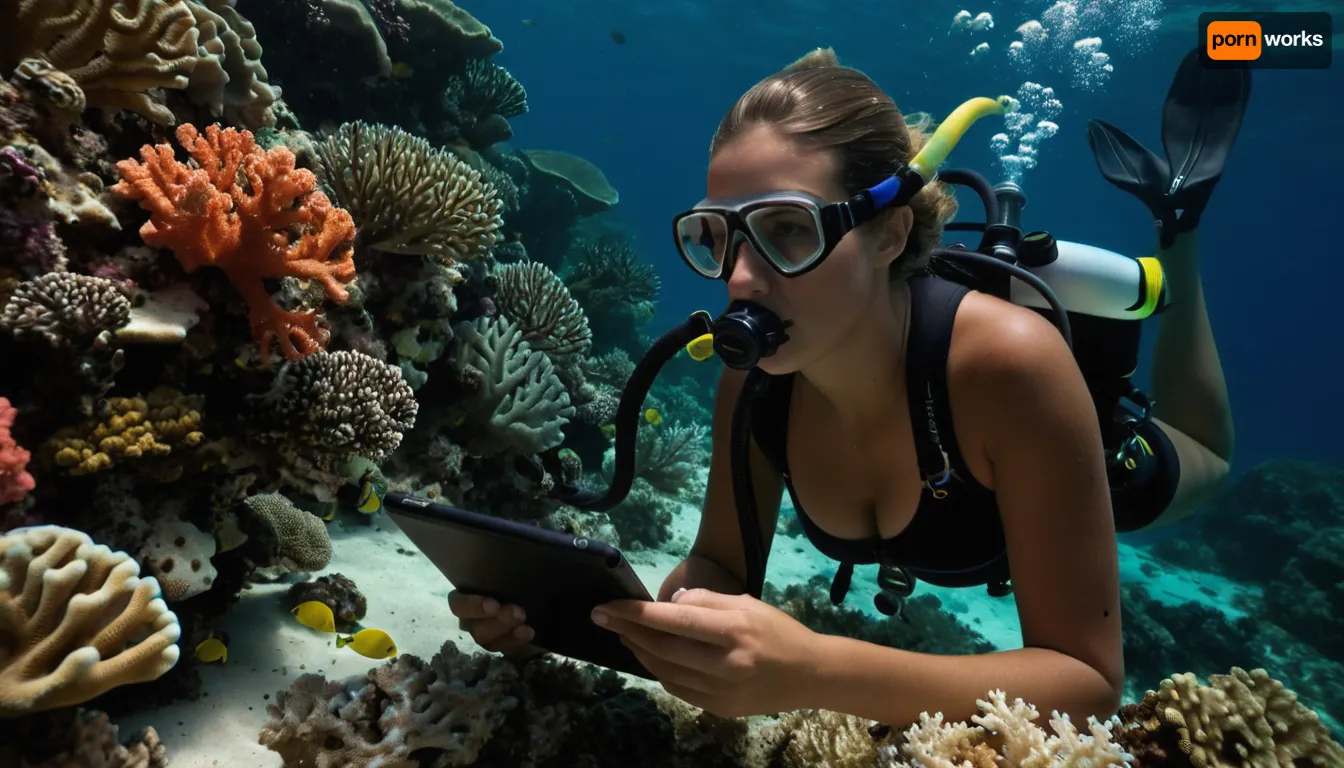 photo-realistic, (details), magnificent coral reef in the southern hemisphere, with a lot of, (underwater life, sea-animals), (((unnatural colored corals:1.5), with mold-like, black spots infestations:1.3), in foreground:1.2), ((23yo), , , (diver), , , marine-biologist, nerdy, cute, with somewhat unfit body, (true skin tone), , , (natural skin-imperfections:1.2), wearing a neoprene FBSS-swimsuit, re-breather in mouth, (feeling worried, concerned:1.1), closely studying corals, while taking notes on a underwater computer-tablet, in background:1), (perfect, natural underwater shadows), (masterpiece:1), <lora:Full_body_smoothskin_swimsuit:.9>, <lora:dark:.3>