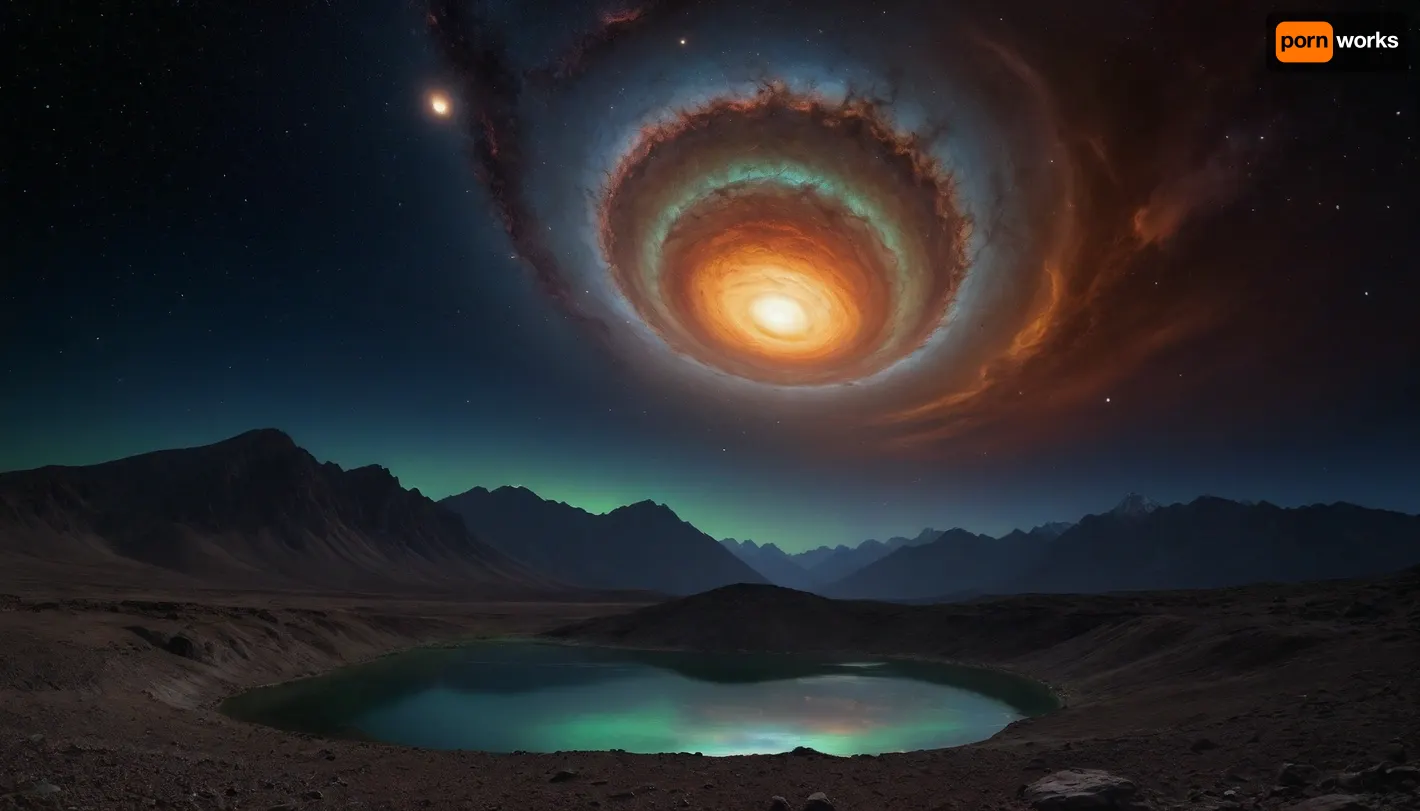 space dream, ufo, unreal dramatic dark blue, green, yellow clouds of gas, no limits, 4d makro, Sharp mountains, big lake of plasma, spiral galaxy in the sky, high mountains, the height of the mountains is 20 kilometers, huge sharp stones, blue and orange plasma slowly flows from the mountains, glow plasma streams, huge Jupiter with moons, several moons, galaxy, bright stars, dramatic sky, huge crater, rocky field, sharp mountains, there is no one around, no girls, no people, no animals