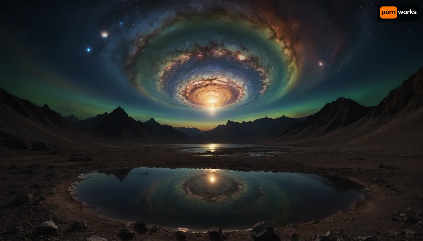 space dream, (((fractal mirror sky))), ufo, unreal dramatic dark blue, green, yellow clouds of gas, no limits, 4d makro, Sharp mountains, big lake of plasma, spiral galaxy in the sky, high mountains, the height of the mountains is 20 kilometers, huge sharp stones, blue and orange plasma slowly flows from the mountains, glow plasma streams, huge Jupiter with moons, several moons, galaxy, bright stars, dramatic sky, huge crater, rocky field, sharp mountains, there is no one around, no girls, no people, no animals