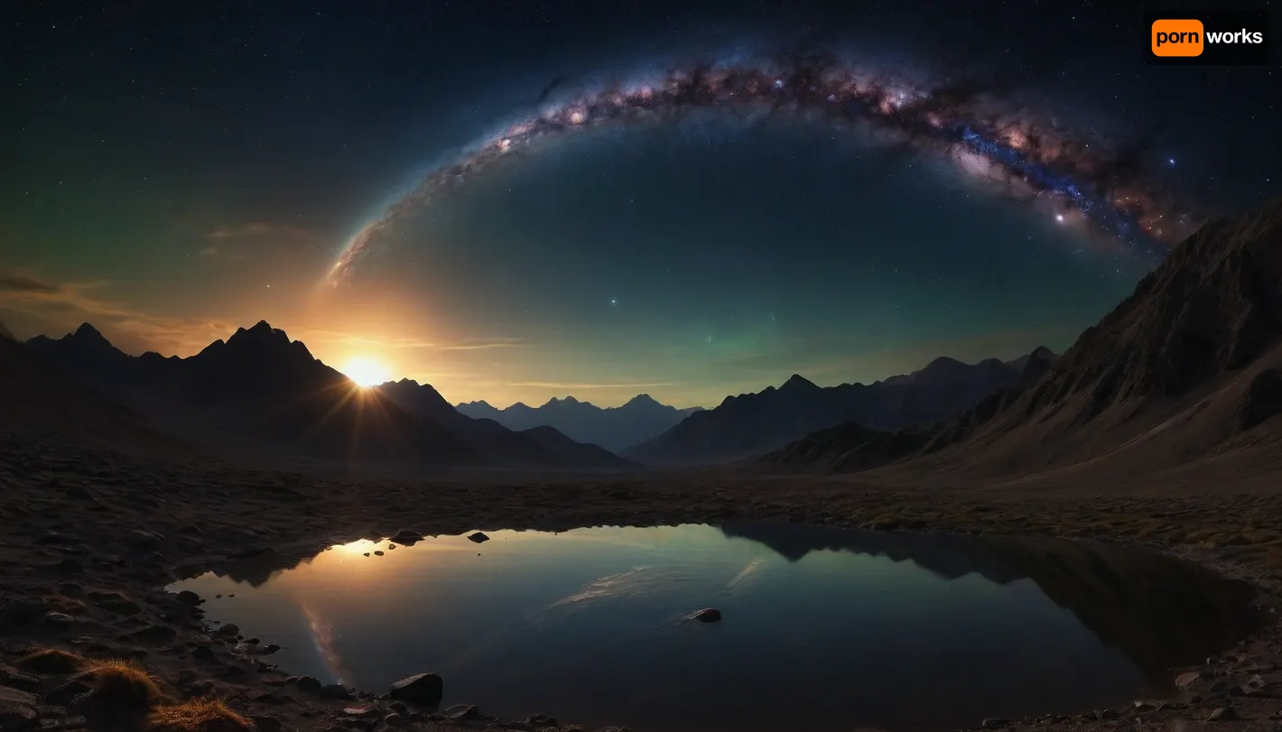 space dream, (((fractal mirror sky))), ufo, unreal dramatic dark blue, green, yellow clouds of gas, no limits, 4d makro, Sharp mountains, big lake of plasma, spiral galaxy in the sky, high mountains, the height of the mountains is 20 kilometers, huge sharp stones, blue and orange plasma slowly flows from the mountains, glow plasma streams, huge Jupiter with moons, several moons, galaxy, bright stars, dramatic sky, huge crater, rocky field, sharp mountains, there is no one around, no girls, no people, no animals