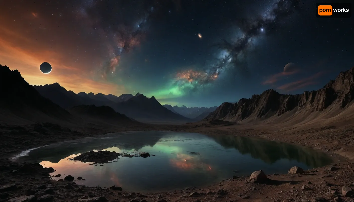 space dream, (((fractal mirror sky))), ufo, unreal dramatic dark blue, green, yellow clouds of gas, no limits, 4d makro, Sharp mountains, big lake of plasma, spiral galaxy in the sky, high mountains, the height of the mountains is 20 kilometers, huge sharp stones, blue and orange plasma slowly flows from the mountains, glow plasma streams, huge Jupiter with moons, several moons, galaxy, bright stars, dramatic sky, huge crater, rocky field, sharp mountains, there is no one around, no girls, no people, no animals