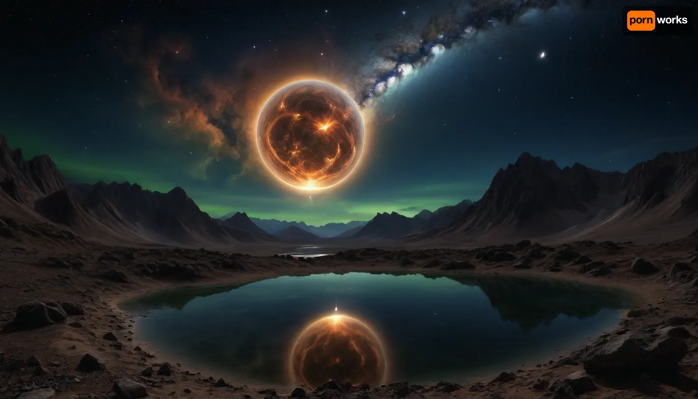 space dream, (((fractal mirror sky))), ufo, unreal dramatic dark blue, green, yellow clouds of gas, no limits, 4d makro, Sharp mountains, big lake of plasma, spiral galaxy in the sky, high mountains, the height of the mountains is 20 kilometers, huge sharp stones, blue and orange plasma slowly flows from the mountains, glow plasma streams, huge Jupiter with moons, several moons, galaxy, bright stars, dramatic sky, huge crater, rocky field, sharp mountains, there is no one around, no girls, no people, no animals