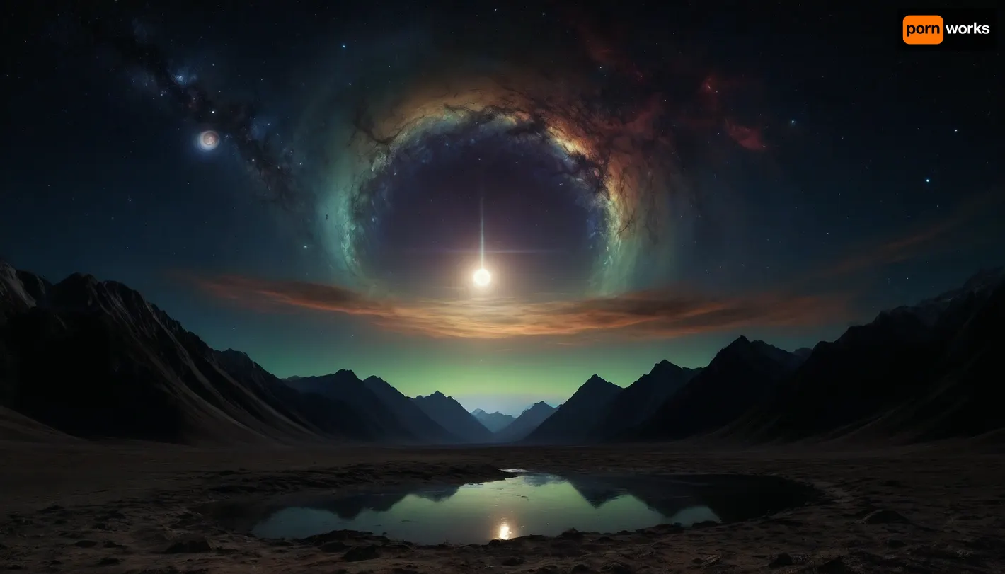 space dream, (((fractal mirror sky))), ufo, unreal dramatic dark blue, green, yellow clouds of gas, no limits, 4d makro, Sharp mountains, big lake of plasma, spiral galaxy in the sky, high mountains, the height of the mountains is 20 kilometers, huge sharp stones, blue and orange plasma slowly flows from the mountains, glow plasma streams, huge Jupiter with moons, several moons, galaxy, bright stars, dramatic sky, huge crater, rocky field, sharp mountains, there is no one around, no girls, no people, no animals