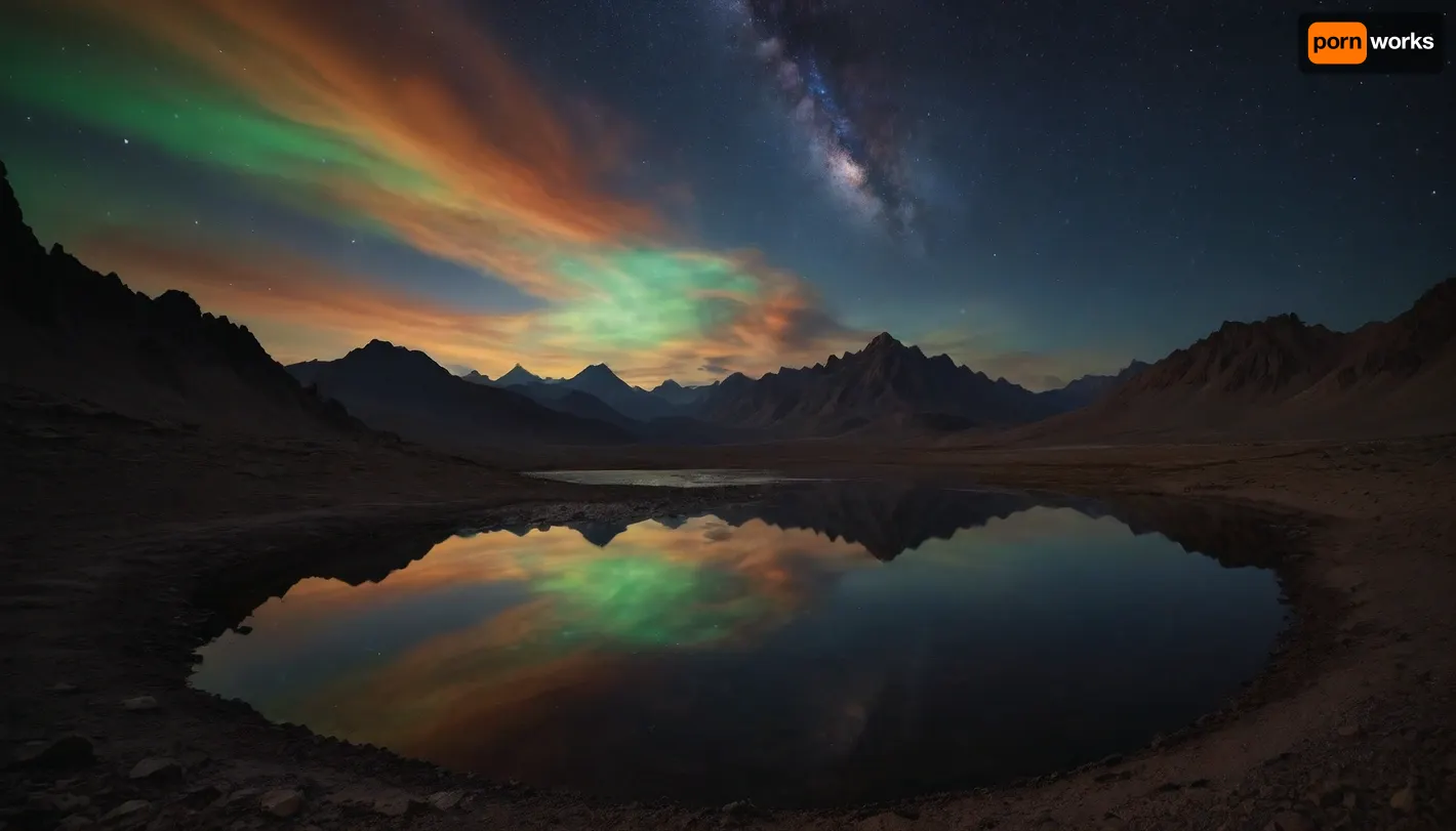 space dream, (((iris, fractal mirror sky))), ufo, unreal dramatic dark blue, green, yellow clouds of gas, no limits, 4d makro, Sharp mountains, big lake of plasma, spiral galaxy in the sky, high mountains, the height of the mountains is 20 kilometers, huge sharp stones, blue and orange plasma slowly flows from the mountains, glow plasma streams, huge Jupiter with moons, several moons, galaxy, bright stars, dramatic sky, huge crater, rocky field, sharp mountains, there is no one around, no girls, no people, no animals