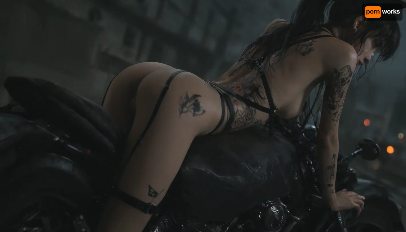 (dark night, future Tokyo city, riding a motorbike, bending over the motorbike), long hair, high single ponytail, very skinny, (very slender), very slim, small ass, cat ears, (black panties, small breasts, black mini skirt), (shows tiny nipples), (young small:1.2), (back view), (open legs), (looking back), (arched back), (big breasts), very short skinny legs in stockings, (tiny waist), very slender, ultra goth, gorgeous petite, (black line tattoo, many black harness straps:1.6), (close up half body top front view, Dutch Angle, dynamic composition, face view, panties view), <lora:style_lora_realis:.7>, <lora:dark:.2>, <lora:sdxl_lightning_4step_lora:.8>, <lora:detailed_notrigger:.8>, <lora:lora-sdxl-perfect-eyes:.8>