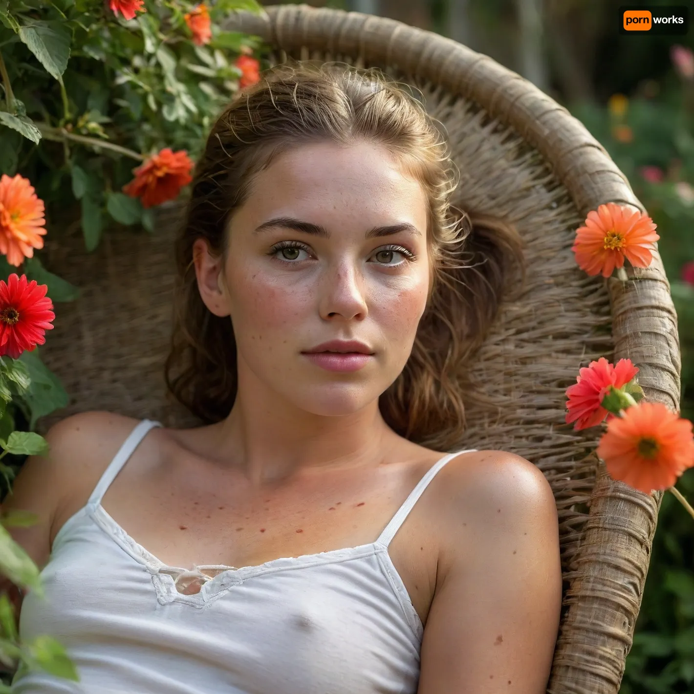 A beautiful English woman, lays asleep on her side on a round wicker chair, she is sideways in the picture frame, horizontal, facing the camera, in a beautiful cottage garden, dripping with bright flowers, thatched cottage in the background, all bathed in the warm golden hues of a breathtaking sunset, (perfect face:1.5), (perfect nose), wearing a red short sleevedT-shirt, fully clothed, gentle sunset light filter through the leaves, visible freckles, very freckleld. sun-kissed skin, looking at the camera. hair pulled back into a short, ponytail, slicked back hair. Very sweaty, the sunset makes her skin glimmer, suntan lines visible. Hollywood’A lister’ looks. Sun kissed face., hint of a smile, Detailed face and eyes., Extreme close up of her face, <lora:Midjourney Image Enhancer XL v1:1.5>, <lora:bralessSDXL_v1_00022:1>, <lora:lora-sdxl-perfect-eyes:2>