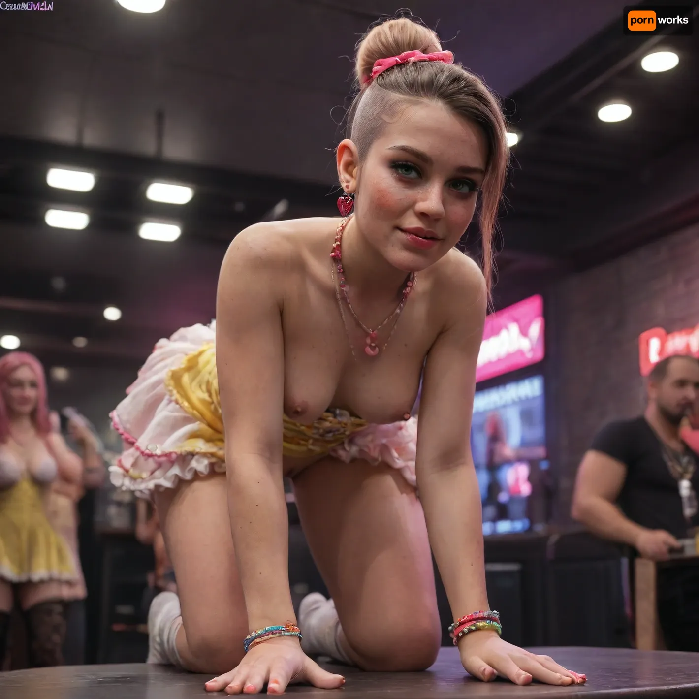 black wave hair, close up, (black color:1.3), hair up with hair accessory, (girl is wearing candydoll dress:1.3), (red color:1.3), (wearing candydoll necklaces outfit:1.3), (white color:1.3), (standing girl on doggystyle_way knees on top of a stripper_table and flashing white panty in the nightclub and looking at viewer:1.3), (side_way and flashing shaved pussy:1.3), (blue color:1.3), blushing, (middle viewer view:1.3), (freckles on face:1.3), (yellow color:1.3), ((4K 8K HD HQ DETAILED_face:1.3)), (bright colors:1.3), (one girl:1.3), (green color:1.3), (one_side_nipple out:1.3), (detail manicure:1.3), (wearing candydoll bracelets and necklaces outfit:1.3), ((4K 8k HD HQ DETAILS:1.3)), (wearing stocking opaque long up to middle legs socks:1.3), (sideway view:1.4), (solo:1.3), (SIDEpussy:1.3)