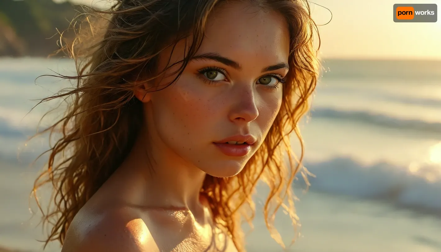 confident erotic expression, sunlit ocean waves sparkling in background, bright clear sky, golden sunlight casting natural shadows, cinematic perspective, vivid HDR, tack sharp, ultra-detailed skin pores and textures, vibrant natural colors, perfecteyes, <lora:MJ52:1.3>, <lora:BUT_SDXL_SHS:2>, <lora:Sweaty_Realism_4-000006:2>, <lora:LeanWithArmUp.1.0:1.8>, <lora:lora-sdxl-perfect-eyes:1.1>