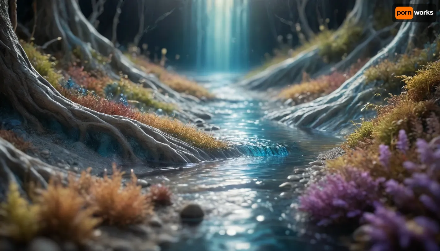 microscope 4d macro, dream, “A fully dreamlike, mystical scene representing the flow of inner transformation. There are no figures, only a luminous, pulsating stream of energy flowing through a surreal landscape. Light and shadow merge, chaos and calm intertwine, and colors shift dynamically like liquid auroras — golds, silvers, blues, and soft rainbow tones. The energy flows through reflective space, misty air, and subtly illuminated foliage, casting ethereal glows and soft ripples. The atmosphere is otherworldly, serene, and sacred, conveying unity, wholeness, and the eternal rhythm of life. The scene feels infinite, fluid, and immersive, like witnessing the essence of transformation itself.