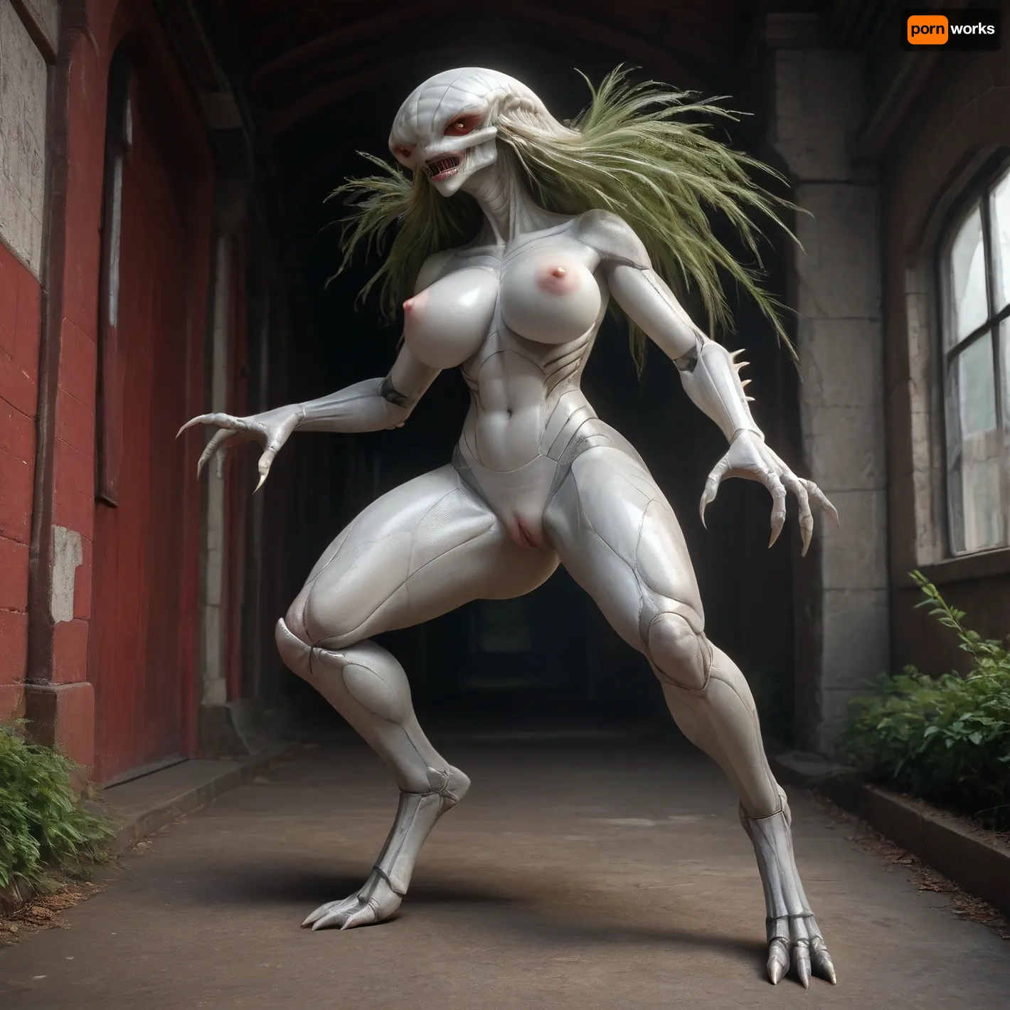 sexy alien female, in her spaceship, metallic silver skin, (massive big boobs:1.5), her pussy looks like a carnivore plant, full body