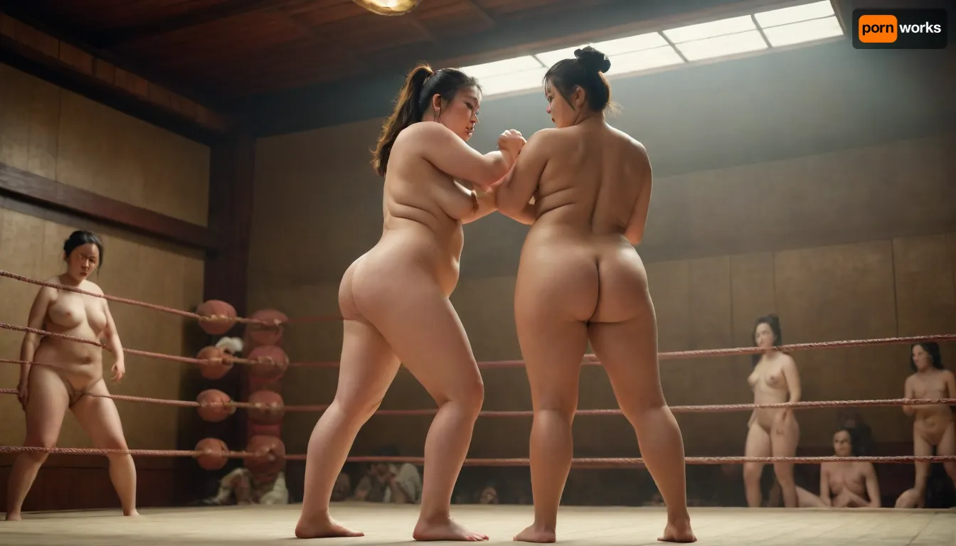 (ultrarealistic photography), totally nude girls sumo wrestling