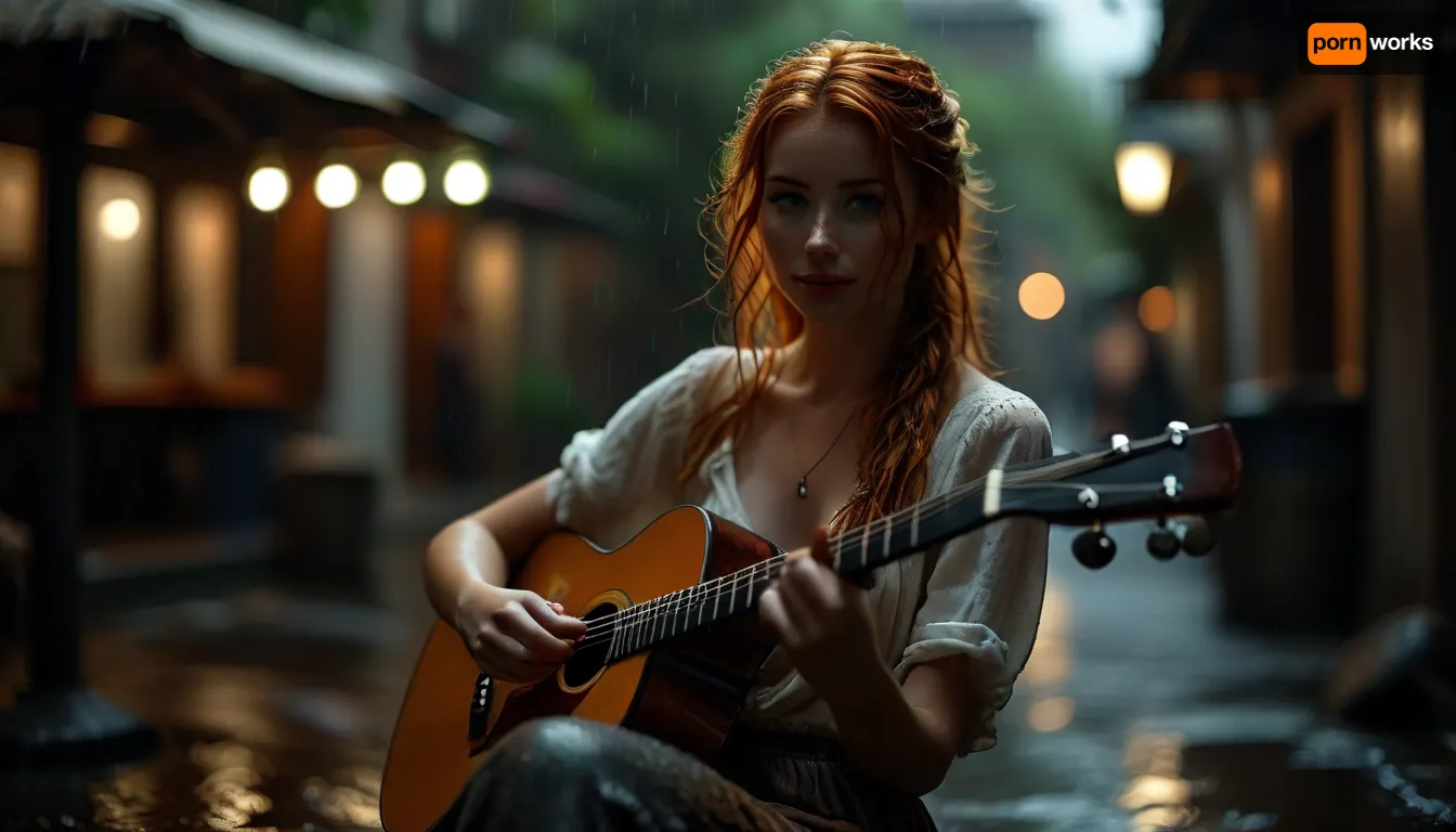 candid full body photo of a beautiful sexy very petite 33 year old redhead street musician, long braided wet ginger hair, perfect hands, perfect fingers, no makeup, freckles, skinny, small breasts, glasses, dressed in white bra, wearing an opened wet blouse, setting is a dirty alley at hard rainy day, sits on her guitar case, a tin can for coins stands on the ground in front of her, plays an acoustic guitar, (perfect acoustic guitar:1.3), silent smile, view from side and above, wet paving stones, puddles around her, thunderstorm, rain, many people walk past her in a blur, photorealistic, highly detailed, <lora:MJ52:2>, <lora:BUT_SDXL_SHS:2>, <lora:style_lora_realis:2>, <lora:attractive_notrigger:2>, <lora:dark:.1>