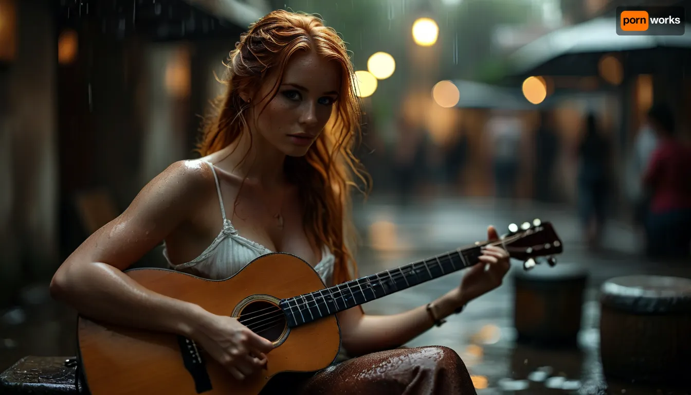 candid full body photo of a beautiful sexy very petite 33 year old redhead street musician, long braided wet ginger hair, perfect hands, perfect fingers, no makeup, freckles, skinny, small breasts, glasses, dressed in white bra, wearing an opened wet blouse, setting is a dirty alley at hard rainy day, sits on her guitar case, a tin can for coins stands on the ground in front of her, plays an acoustic guitar, (perfect acoustic guitar:1.3), silent smile, view from side and above, wet paving stones, puddles around her, thunderstorm, rain, many people walk past her in a blur, photorealistic, highly detailed, <lora:MJ52:2>, <lora:BUT_SDXL_SHS:2>, <lora:style_lora_realis:2>, <lora:attractive_notrigger:2>, <lora:dark:.1>