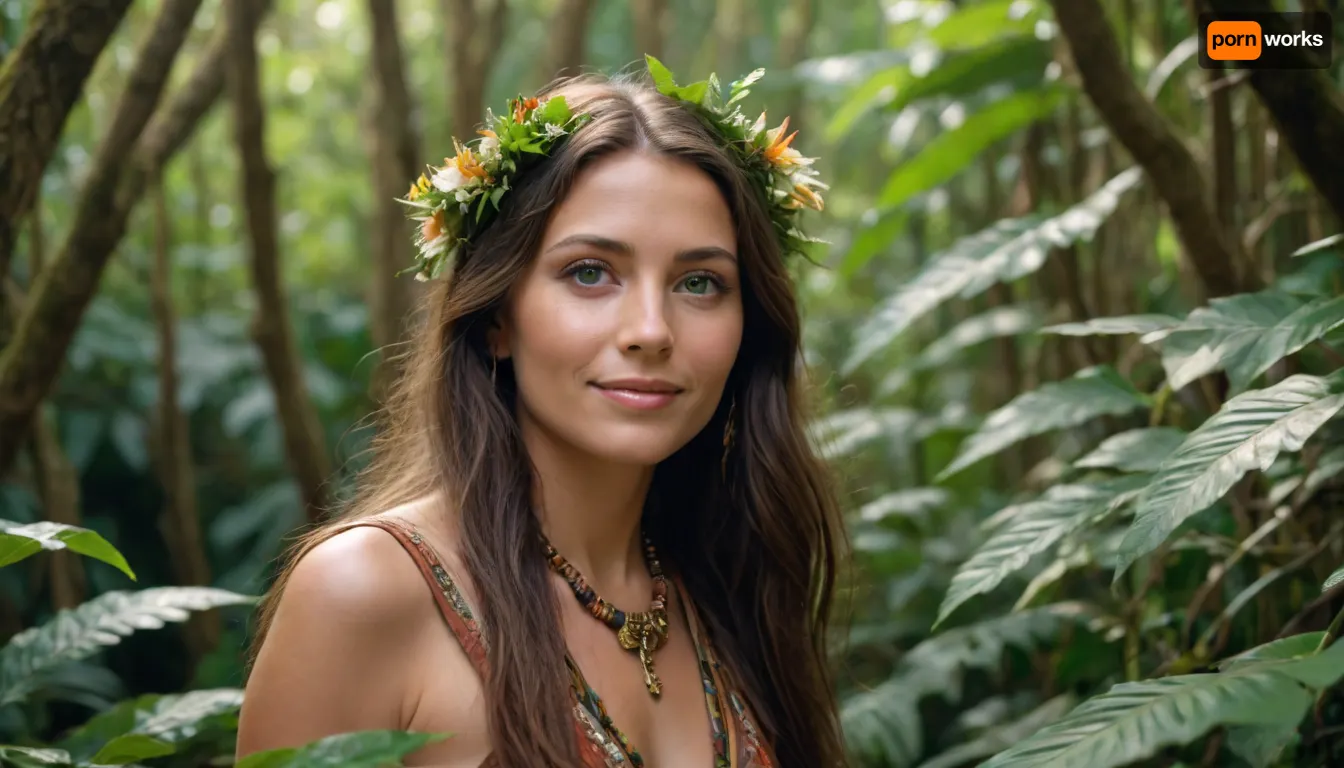 4d microscope macro, depth of field, fantastic dream world, (florering, blooming jungle, animals), fully clothed native american preist women 55 yo collecting wild flowering from lianas all around wild dense flowering jungle, lot of colors, clothed in elegant brown hunting leather expensive clothes, gold lingery, leather sandals, long black dread hair, wide green eyes, (smiling), full of wisdom.

35mm Vintage photo, light dense jungle, extremely realistic, birds in air, visible ligt of sun