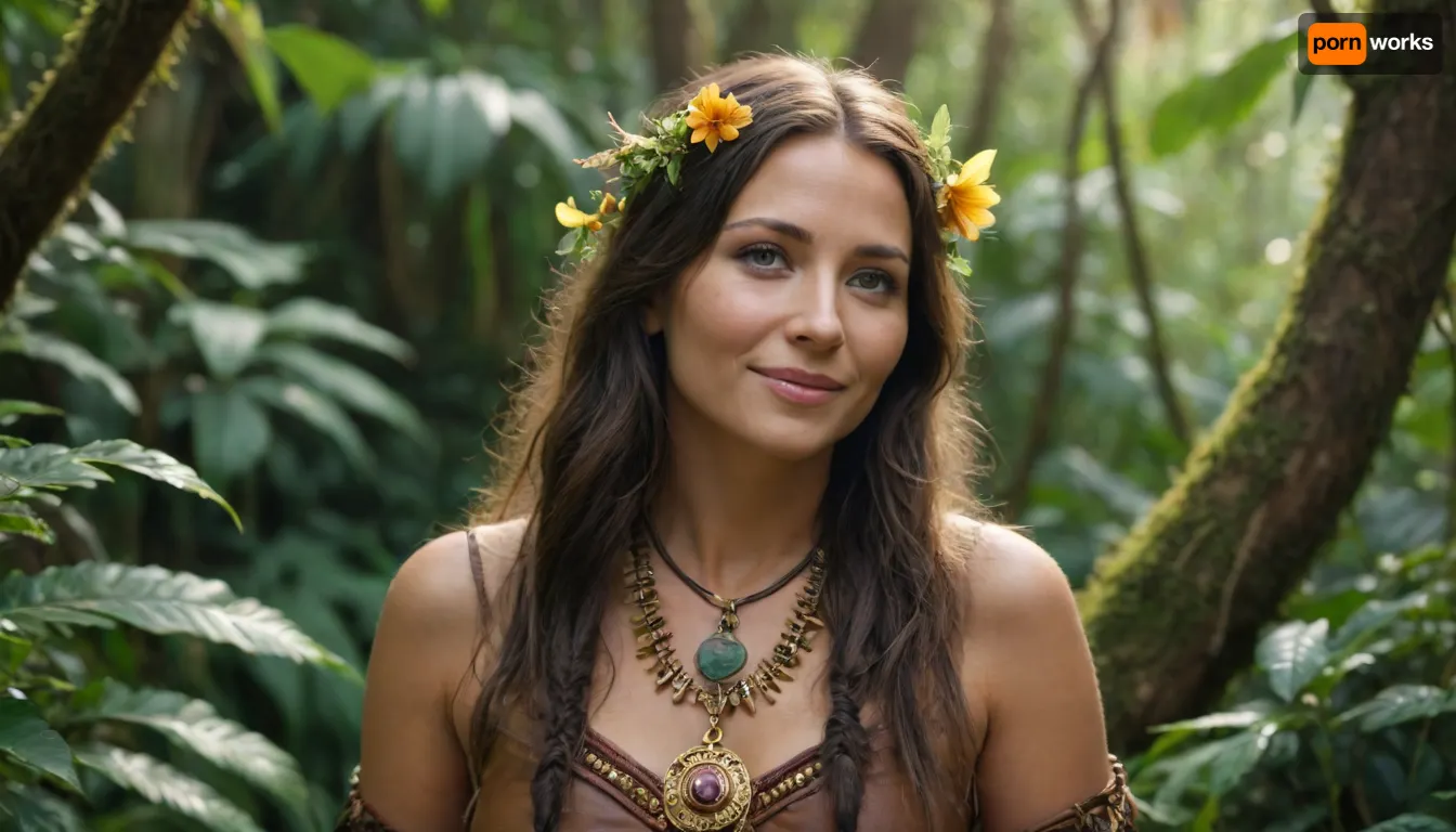 4d microscope macro, depth of field, fantastic dream world, (florering, blooming jungle, animals), fully clothed native american preist women 55 yo collecting wild flowering from lianas all around wild dense flowering jungle, lot of colors, clothed in elegant brown hunting leather expensive clothes, gold lingery, leather sandals, long black dread hair, wide green eyes, (smiling), full of wisdom.

35mm Vintage photo, light dense jungle, extremely realistic, birds in air, visible ligt of sun