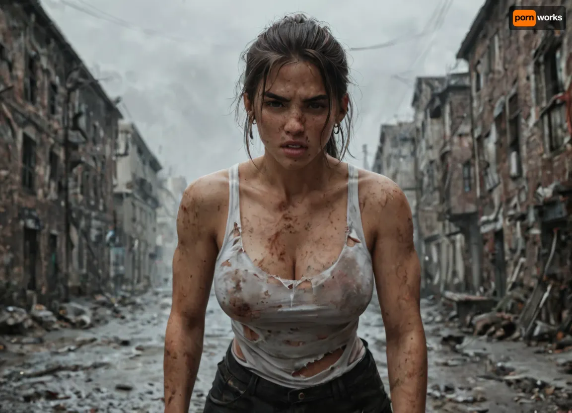 female german zombie apocalypse survivor, mid 20s, with companion canine, she is front center, dirty torn tactical 2025 street clothing, european facial structure, bruised and scratched skin, messy ponytail, large breasts, exhausted intense stare into camera, sharp focus on her.
behind to her right stands a large muscular Rottweiler apocalypse survivor canine, snarling teeth bared, aggressive protective stance, dirty matted fur with dried blood and scars, harsh survivor look.
abandoned ruined european city background, broken concrete buildings, smoke hanging in air, cinematic dramatic volumetric lighting, gritty raw ultra realistic photography, high resolution, depth of field, survival realism documentary war photography style, cold desaturated overcast winter daylight, grey skies, european winter light, subtle blue tone, harsh realism