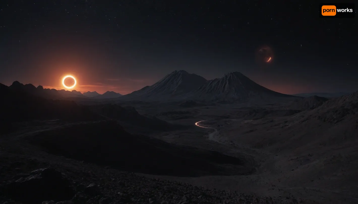 Sharp mountains, spiral galaxy in the sky, high mountains, the height of the mountains is 20 kilometers, huge sharp stones, lava slowly flows from the mountains, lava streams, huge moon, several moons, rings of Saturn, bright stars, black sky, huge crater, rocky field, sharp mountains, there is no one around, no girls, no people, no animals