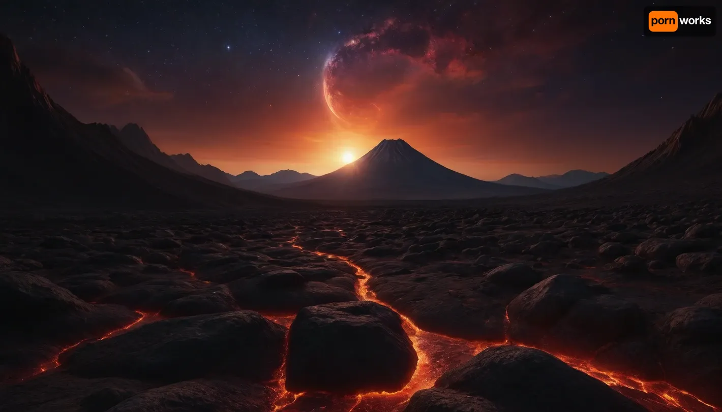 4d makro, Sharp mountains, big lake of lava, spiral galaxy in the sky, high mountains, the height of the mountains is 20 kilometers, huge sharp stones, lava slowly flows from the mountains, lava streams, huge Jupiter with moons, several moons, galaxy, bright stars, dramatic sky, huge crater, rocky field, sharp mountains, there is no one around, no girls, no people, no animals