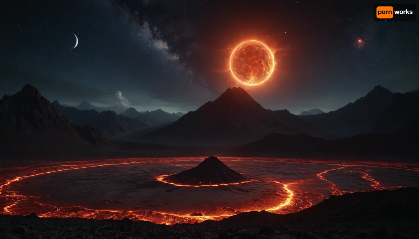 4d makro, Sharp mountains, big lake of lava, spiral galaxy in the sky, high mountains, the height of the mountains is 20 kilometers, huge sharp stones, lava slowly flows from the mountains, glow plasma streams, huge Jupiter with moons, several moons, galaxy, bright stars, dramatic sky, huge crater, rocky field, sharp mountains, there is no one around, no girls, no people, no animals