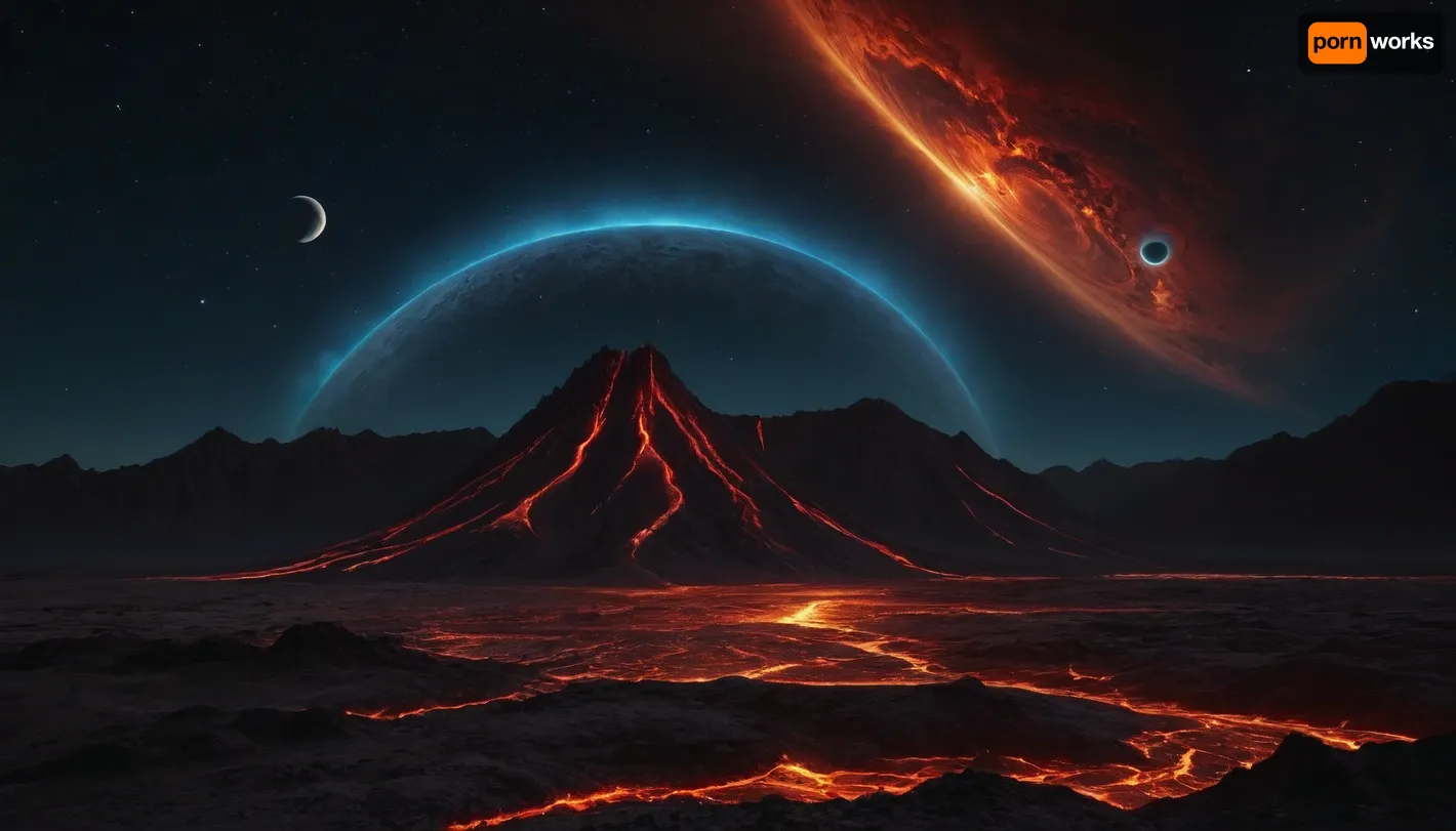 4d makro, Sharp mountains, big lake of lava, spiral galaxy in the sky, high mountains, the height of the mountains is 20 kilometers, huge sharp stones, blue and orange plasma slowly flows from the mountains, glow plasma streams, huge Jupiter with moons, several moons, galaxy, bright stars, dramatic sky, huge crater, rocky field, sharp mountains, there is no one around, no girls, no people, no animals