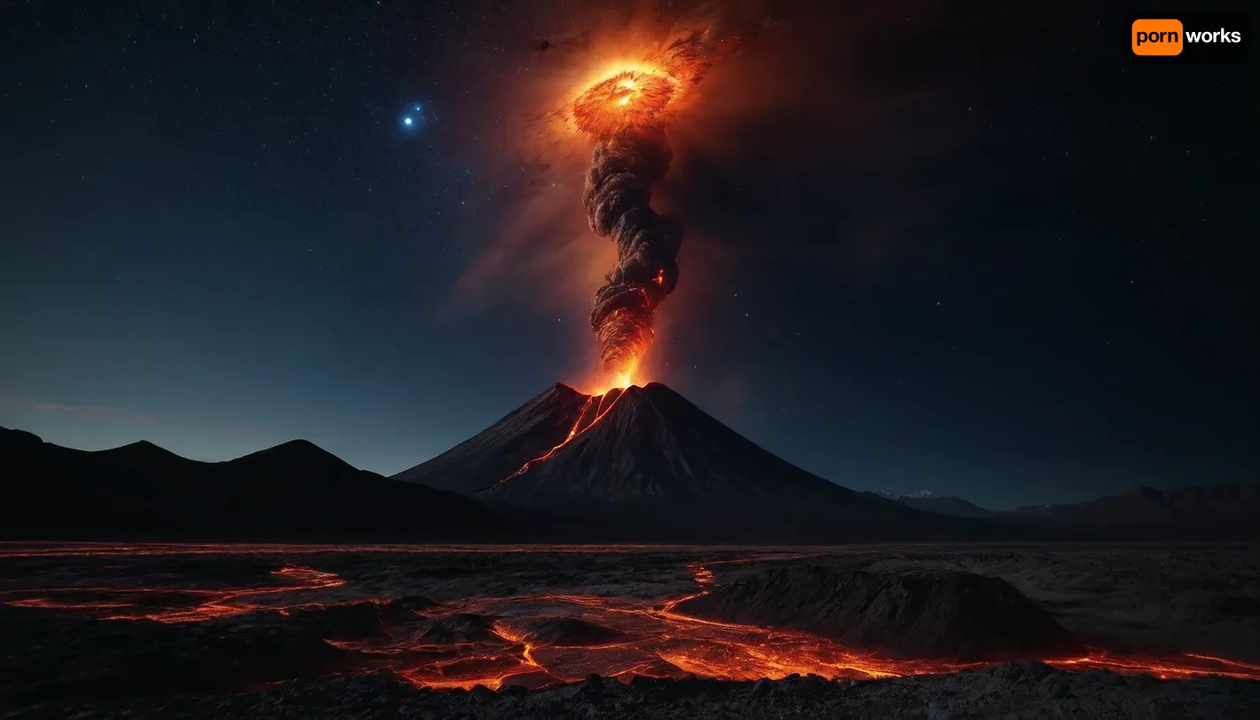 4d makro, Sharp mountains, big lake of lava, spiral galaxy in the sky, high mountains, the height of the mountains is 20 kilometers, huge sharp stones, blue and orange plasma slowly flows from the mountains, glow plasma streams, huge Jupiter with moons, several moons, galaxy, bright stars, dramatic sky, huge crater, rocky field, sharp mountains, there is no one around, no girls, no people, no animals