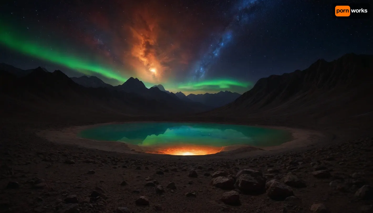 space dream, unreal dramatic green clouds of gas, no limits, 4d makro, Sharp mountains, big lake of plasma, spiral galaxy in the sky, high mountains, the height of the mountains is 20 kilometers, huge sharp stones, blue and orange plasma slowly flows from the mountains, glow plasma streams, huge Jupiter with moons, several moons, galaxy, bright stars, dramatic sky, huge crater, rocky field, sharp mountains, there is no one around, no girls, no people, no animals