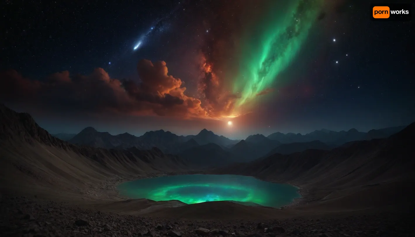 space dream, unreal dramatic green clouds of gas, no limits, 4d makro, Sharp mountains, big lake of plasma, spiral galaxy in the sky, high mountains, the height of the mountains is 20 kilometers, huge sharp stones, blue and orange plasma slowly flows from the mountains, glow plasma streams, huge Jupiter with moons, several moons, galaxy, bright stars, dramatic sky, huge crater, rocky field, sharp mountains, there is no one around, no girls, no people, no animals