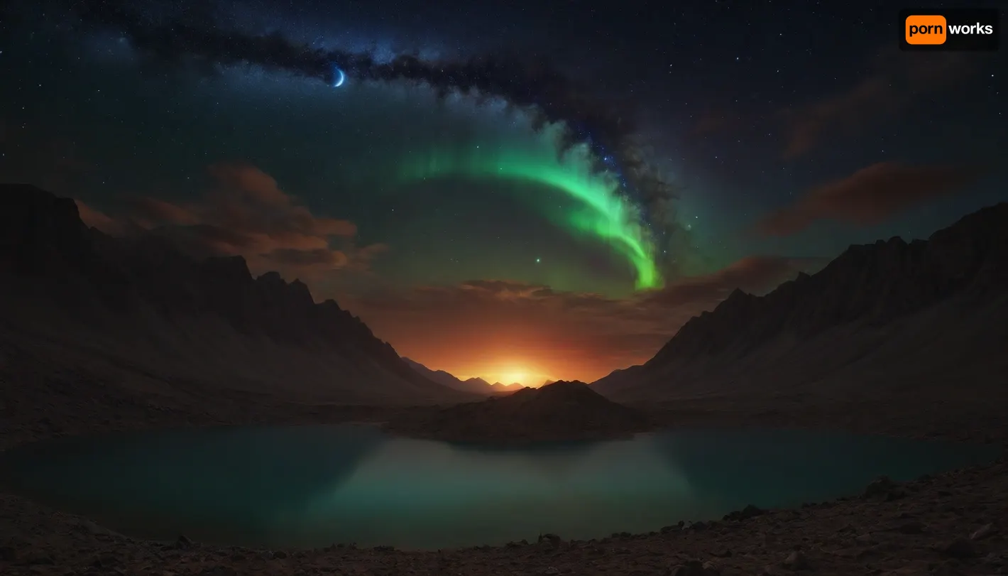 space dream, unreal dramatic green clouds of gas, no limits, 4d makro, Sharp mountains, big lake of plasma, spiral galaxy in the sky, high mountains, the height of the mountains is 20 kilometers, huge sharp stones, blue and orange plasma slowly flows from the mountains, glow plasma streams, huge Jupiter with moons, several moons, galaxy, bright stars, dramatic sky, huge crater, rocky field, sharp mountains, there is no one around, no girls, no people, no animals