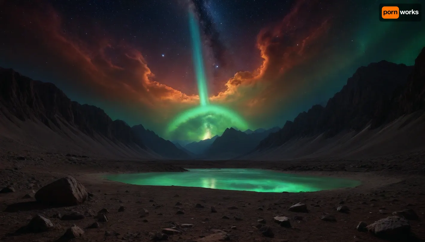 space dream, unreal dramatic green clouds of gas, no limits, 4d makro, Sharp mountains, big lake of plasma, spiral galaxy in the sky, high mountains, the height of the mountains is 20 kilometers, huge sharp stones, blue and orange plasma slowly flows from the mountains, glow plasma streams, huge Jupiter with moons, several moons, galaxy, bright stars, dramatic sky, huge crater, rocky field, sharp mountains, there is no one around, no girls, no people, no animals