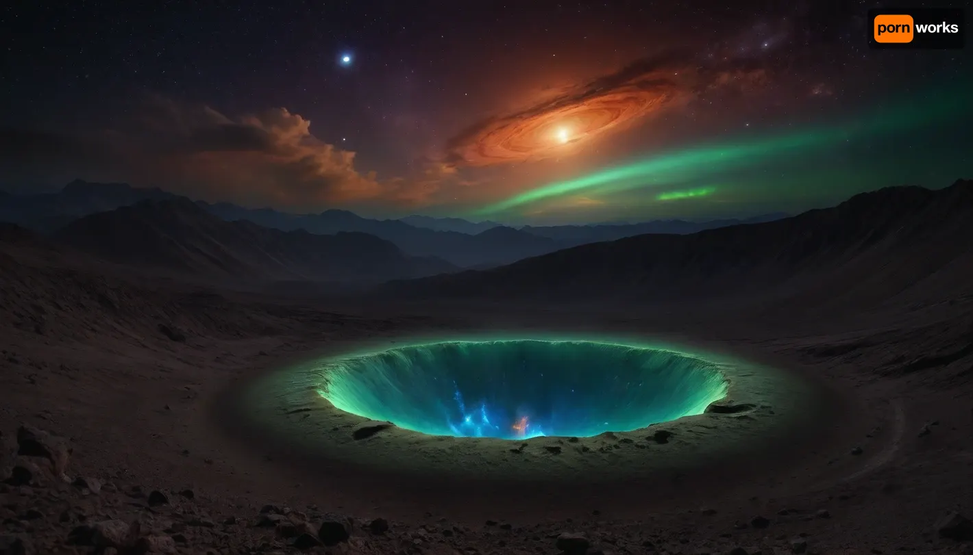 space dream, ufo, unreal dramatic green clouds of gas, no limits, 4d makro, Sharp mountains, big lake of plasma, spiral galaxy in the sky, high mountains, the height of the mountains is 20 kilometers, huge sharp stones, blue and orange plasma slowly flows from the mountains, glow plasma streams, huge Jupiter with moons, several moons, galaxy, bright stars, dramatic sky, huge crater, rocky field, sharp mountains, there is no one around, no girls, no people, no animals