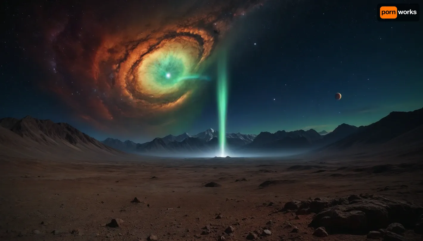 space dream, ufo, unreal dramatic green clouds of gas, no limits, 4d makro, Sharp mountains, big lake of plasma, spiral galaxy in the sky, high mountains, the height of the mountains is 20 kilometers, huge sharp stones, blue and orange plasma slowly flows from the mountains, glow plasma streams, huge Jupiter with moons, several moons, galaxy, bright stars, dramatic sky, huge crater, rocky field, sharp mountains, there is no one around, no girls, no people, no animals