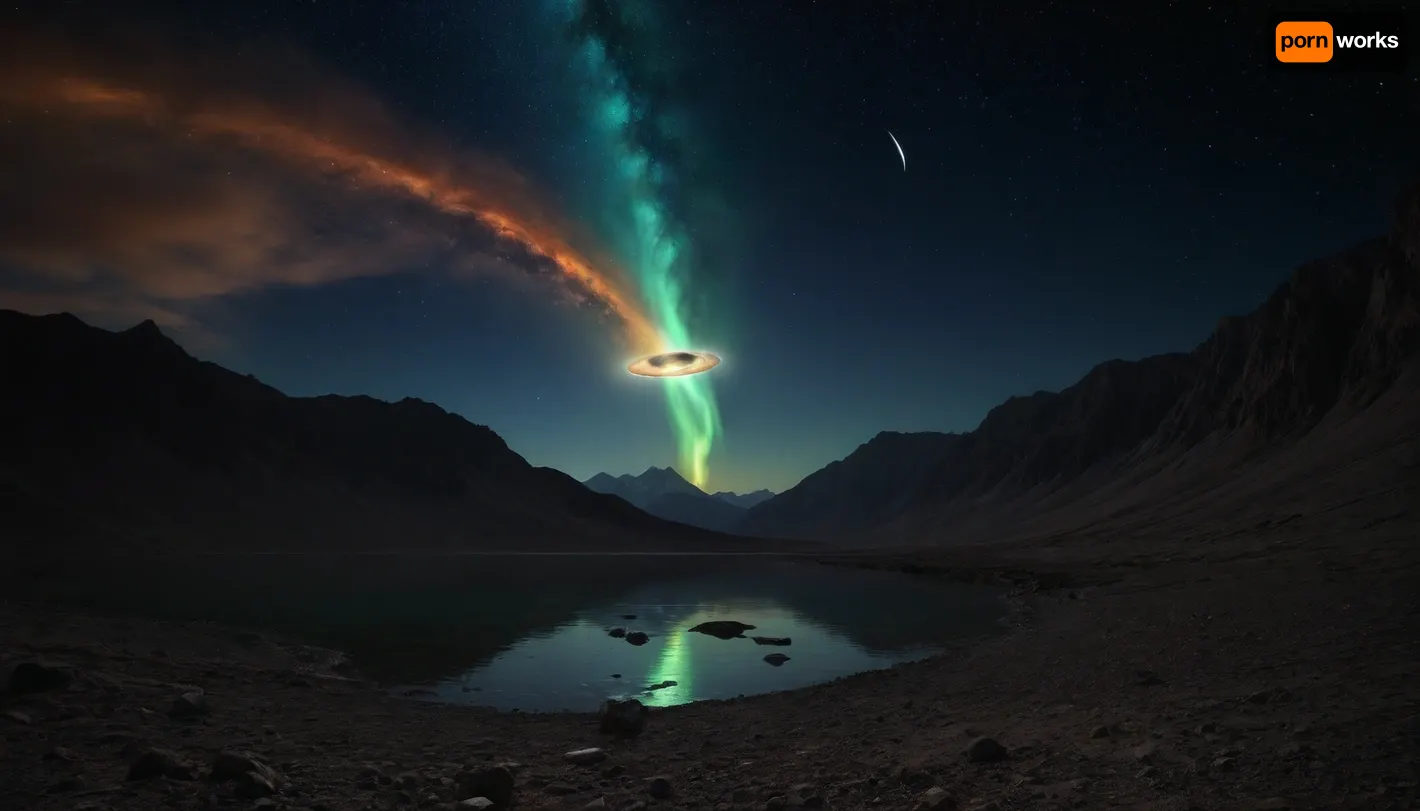 space dream, ufo, unreal dramatic dark blue, green, yellow clouds of gas, no limits, 4d makro, Sharp mountains, big lake of plasma, spiral galaxy in the sky, high mountains, the height of the mountains is 20 kilometers, huge sharp stones, blue and orange plasma slowly flows from the mountains, glow plasma streams, huge Jupiter with moons, several moons, galaxy, bright stars, dramatic sky, huge crater, rocky field, sharp mountains, there is no one around, no girls, no people, no animals