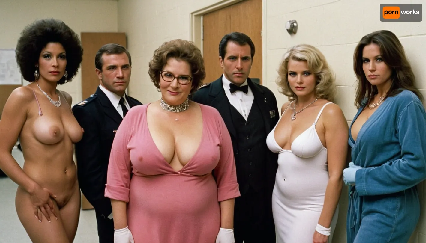 Gritty 35mm photo, wide angle, police station, perp lineup, (identity parade, sequential lineup), 6 female prostitutes stand in a row to be identified, haggard and tired, white wall with height lines behind them. Prostitute 1 is a short woman, 30 years old, chubby, blond, wearing pink negligee, her boobs and fat roles are visible. Prostitute 2 is a tall woman in her 40's, thin, long brunette hair, flat chested, wearing leather straps and bondage attire, leather mask. Prostitute 3 is a black woman, medium height, C-cup, large afro, torn shirt and jeans 1980's style. Prostitute 4 is a voluptuous woman, curvy, 50 years old, elegant, dressed impeccably, full-length fur and evening dress, diamond necklace. Prostitute 5 is a crack ho, skinny, oily skin, acne, late 20's, disheveled and loose hooker attire, tiny hanging boobs, greasy hair. Prostitute 6 is a cute grandmother, hair in a permanent and covered in a scarf, pudgy, granny glasses, housecoat, white gloves, smiling matronly., swat, style, green, eyes, blue, brown, perfecteyes, <lora:swat style:.8>, <lora:PerfectEyesXL:1.1>