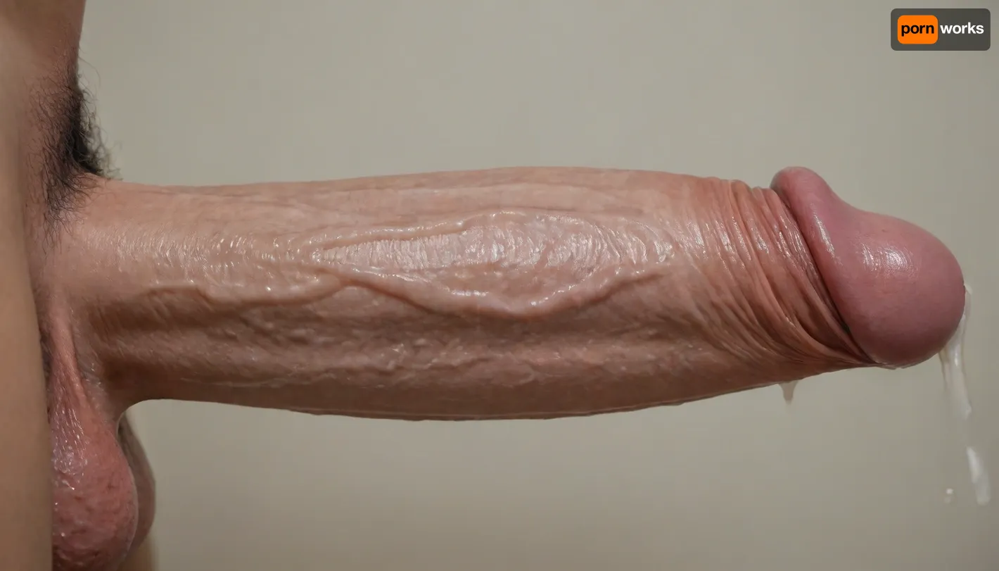 Close up of the awesome cock of Danny D, cumming on bimbo tits, huge ballsack, (massive erect penis:1.8), side view, cock and balls