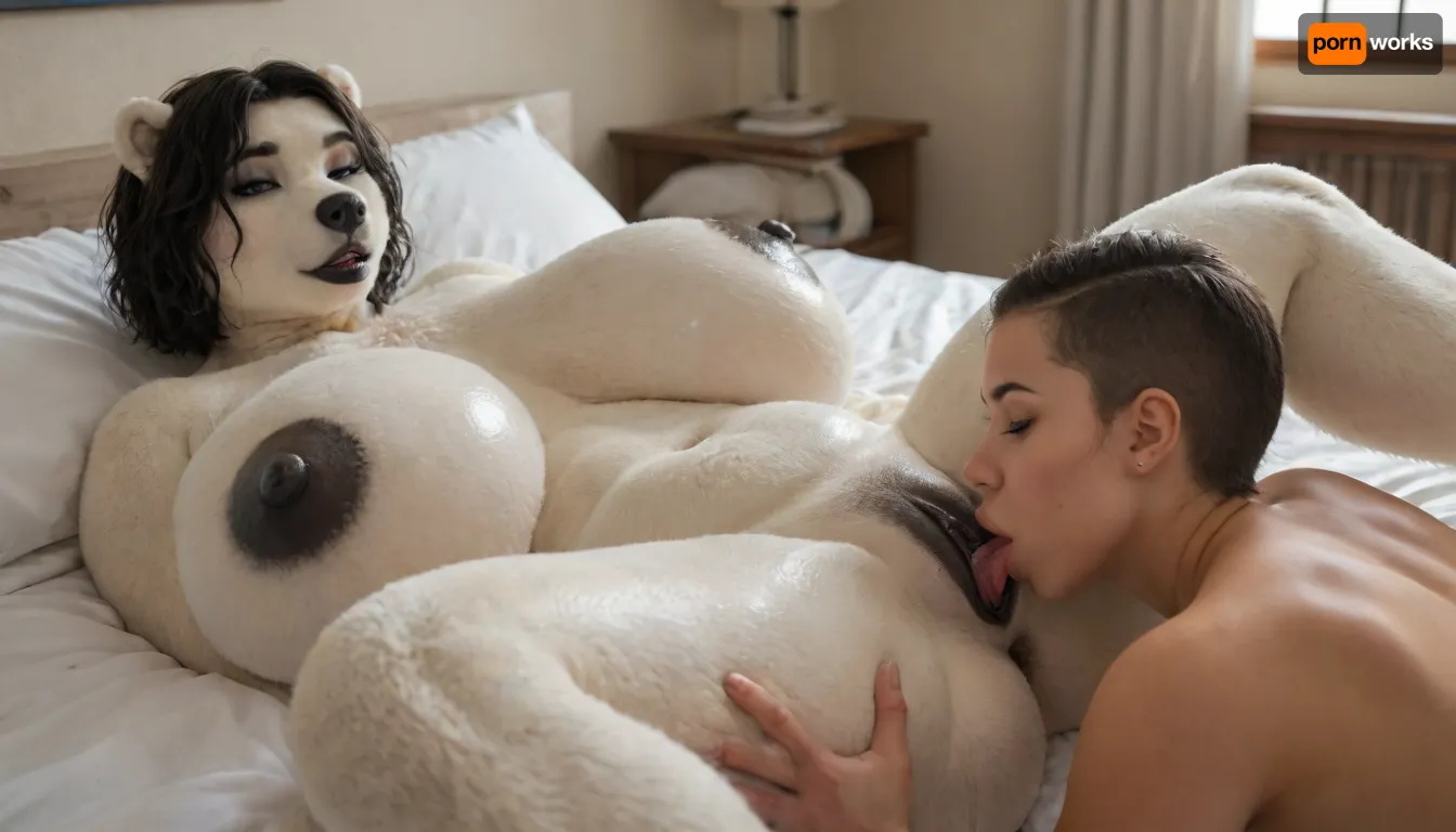 ((polar bear woman:1.3)), Anthro, anthrofied, bear, hotel, black hair, japanese Bob cut, (shiny breasts:1.3), naked, horny, huge ass, big breasts, (hyper breasts:1.1), big thighs, (laying on bed legs spread apart performing cunnilingus on a human woman’s vagina), vaginal cunnilingus, finger claws, makeup, huge thick luscious lips, glossy black vagina lips, glossy black vagina opening, glossy black areolas, glossy black nipples, glossy black lips, full-view, (((furry art, anthro woman))), ultra detailed face, <lora:add-detail-xl:2>