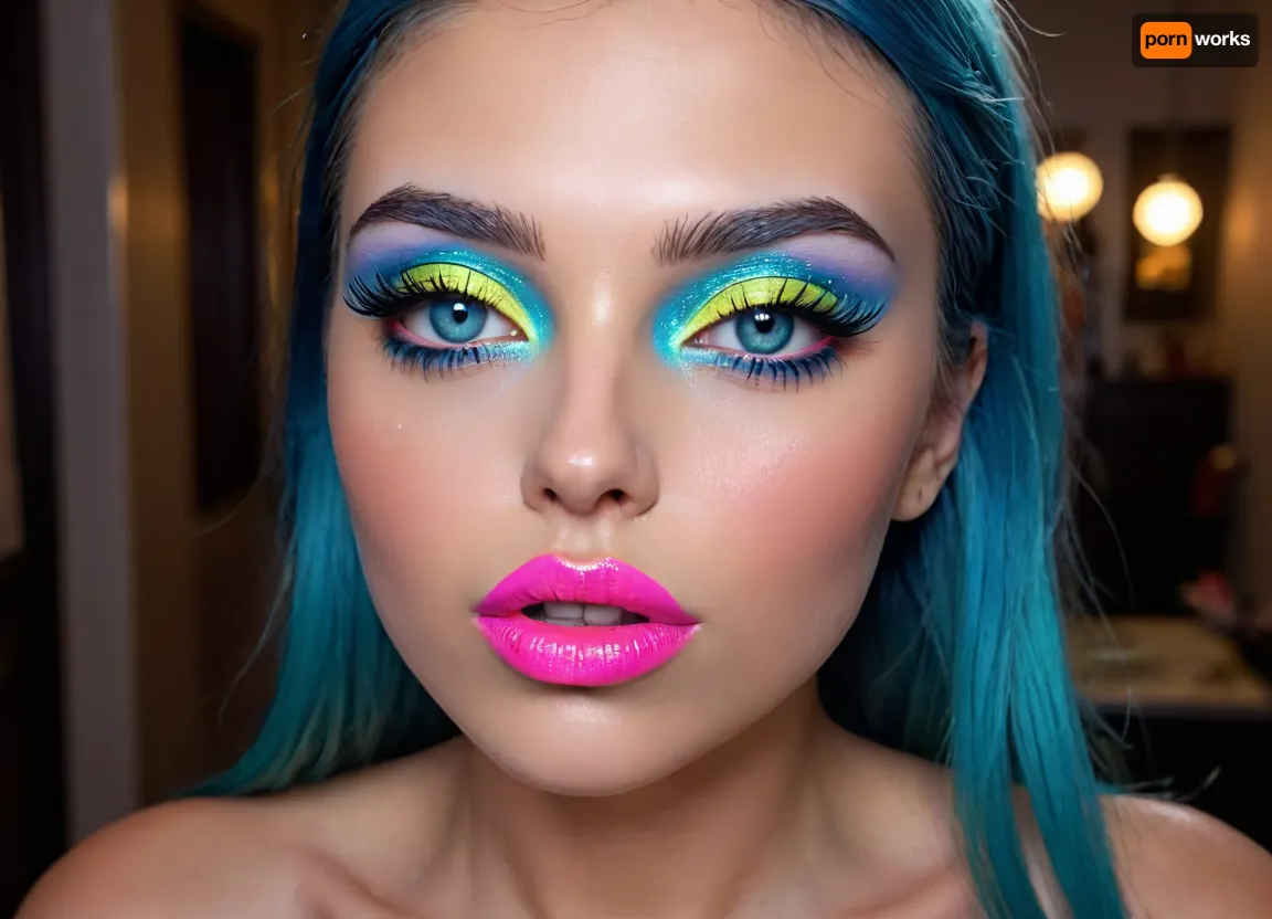 markgavatino art style, (Masterpiece), (ultra high definition), sexy robot with robot face, (hyper fully robotic girl), Beautiful, long dark BLUE hair, natural breasts, and white eyes., (((cyan shiny hyper glowing neon pussy lips))), (B3YOND_STYLE_MECHA), (hyper spread pussy, hyper gaping pussy), ((makeup:1.5), long blue eyelashes, olive eyeshadow with glitter), (lips:1.2), pink lipstick, seducing smirks. At the final stage, the cameraman finished on the woman's face makeup., makeup, eyeliner, eyelashes, <lora:detailed_notrigger:.8>, <lora:DetailedEyes_V3:1.4>, <lora:Modern_MakeUp_XL_v0_1:2>