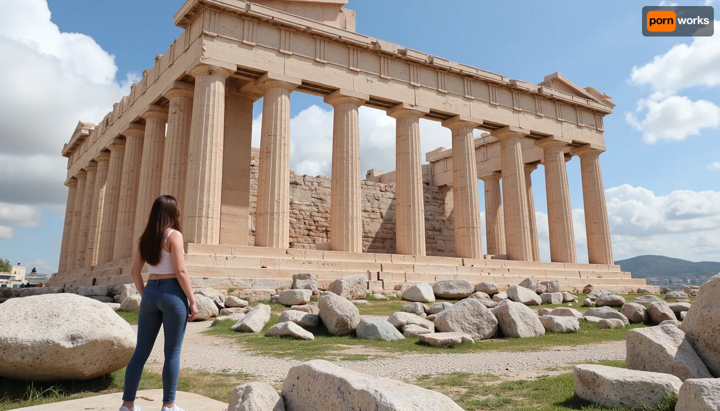 (high-quality photo:1.2), a young woman strolls through the ruins of the Acropolis, looking at the Parthenon, (ancient architecture:1.3), Acropolis, Athens, (wide angle view:1.1), summer day, midday light, blue sky with white clouds, (bright and fresh:1.1), (natural light:1.2), grass, historical ruins, detailed background, realism, architectural masterpiece, (natural bright colors:1.1)