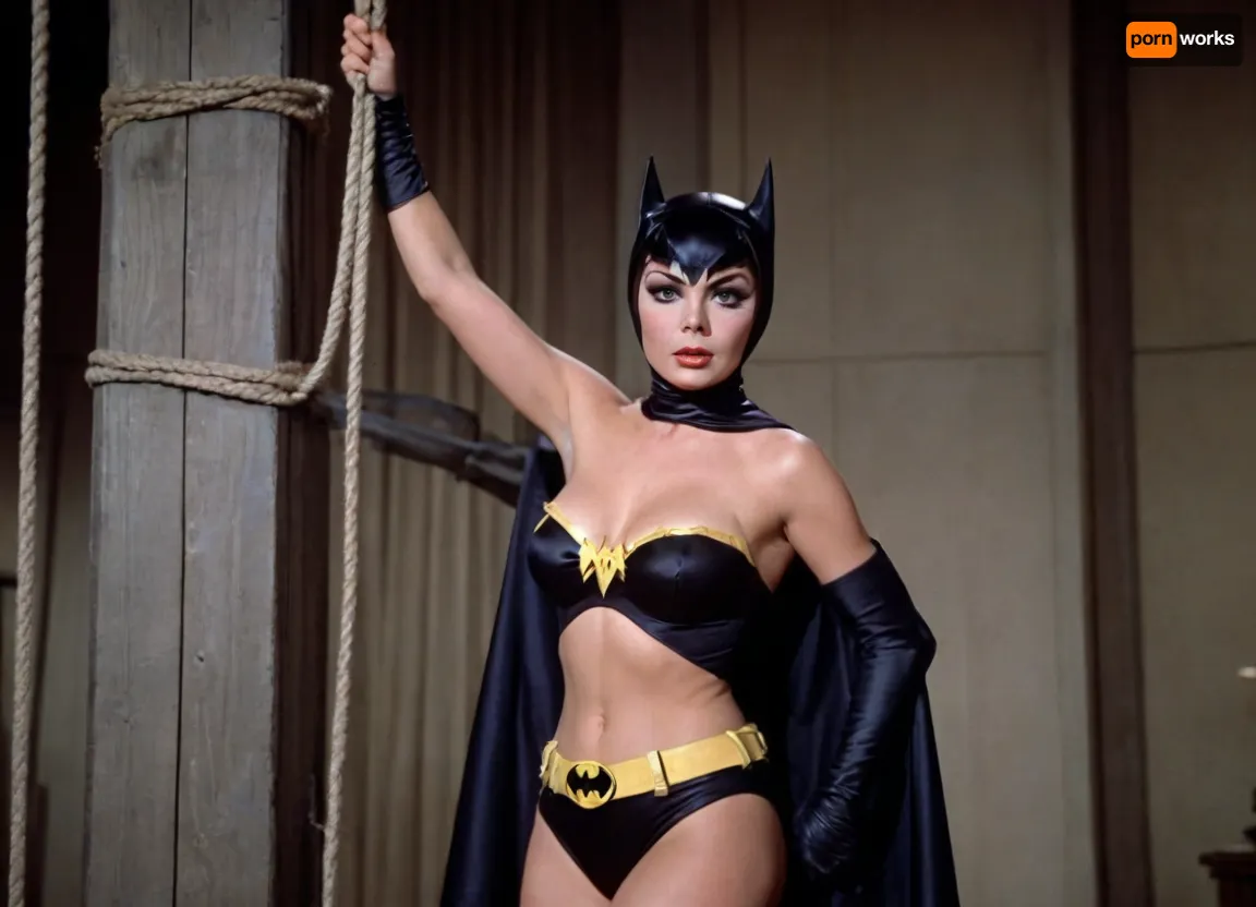 1960's Batman TV series, 35mm color film. Full body shot, Yvonne Craig playing Batgirl is tied up with ropes and her ample chest is exposed. Batman arrives to save Batgirl.