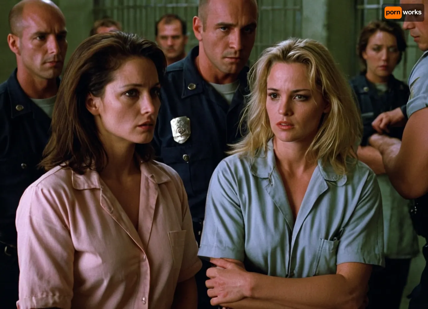 Movie scene, 70mm, Natural Born Killers, film crew, prison riot, female prisoners, sexual abuse, intimidation, manipulation, chaos.