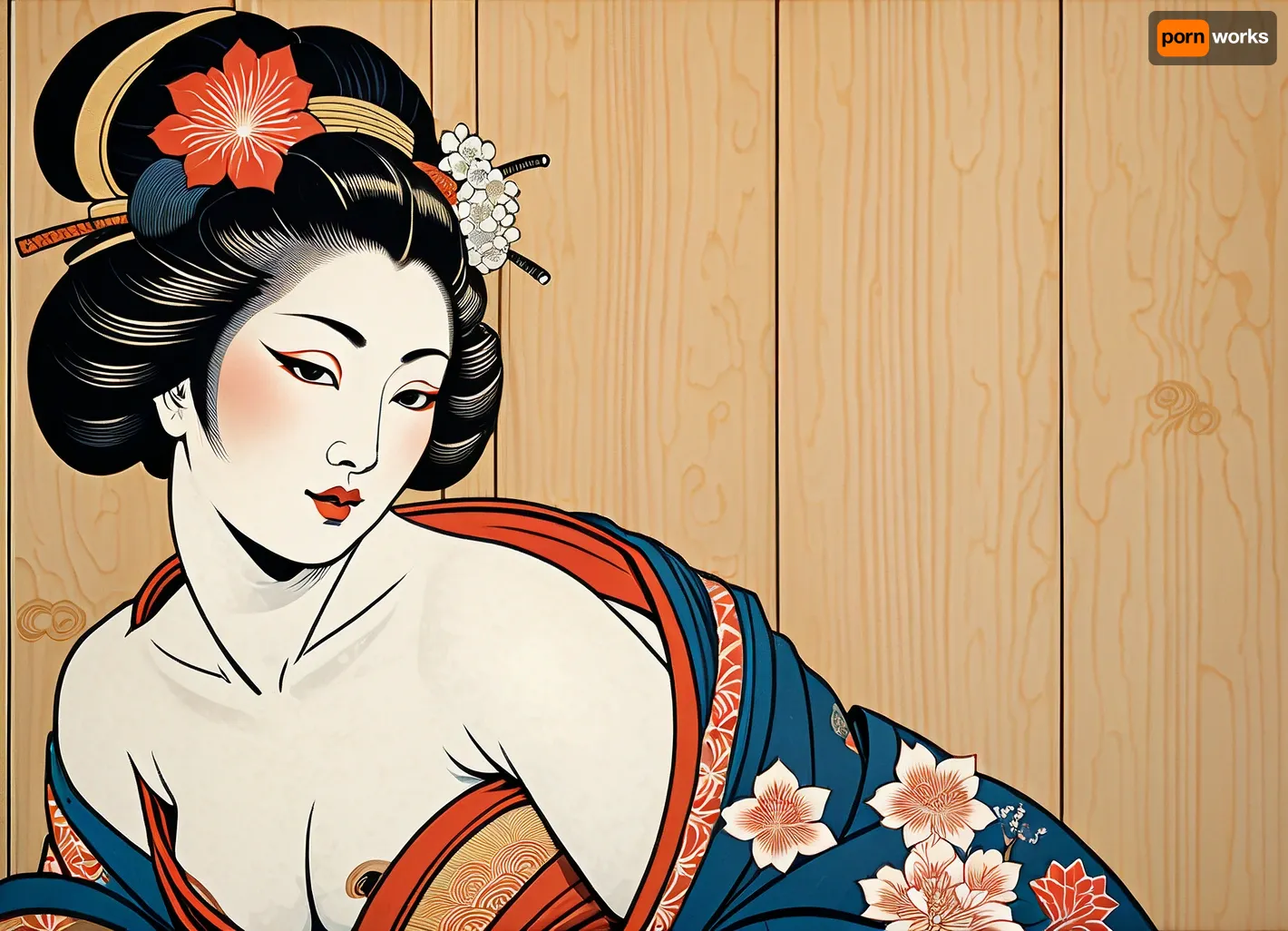 A half nude sexy Japanese geisha from Edo, depicted in the ukiyo-e style, on a, (wood panel:1.4), on the bedroom wall of the Shogun's castle, superdetailed image, high quality, masterpiece, traditional japanese, (ukiyo-e style:1.6)