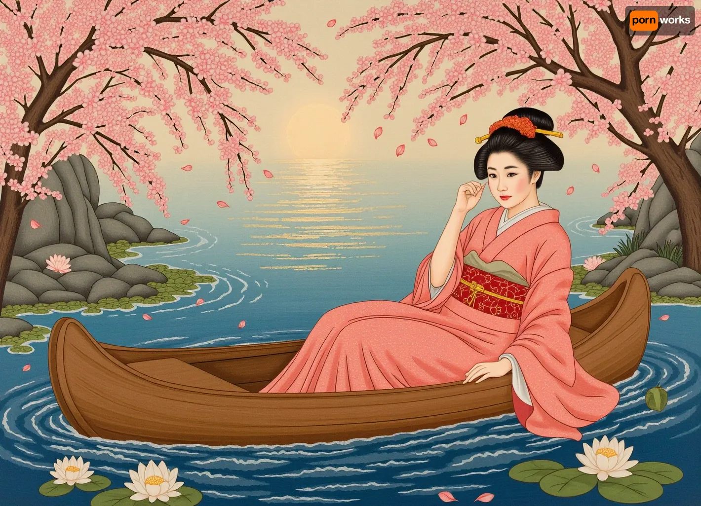 A 17th century, (wooden panel:1.8), (master painting), (high quality:1.2), (detailed:1.1), (Japanese aesthetics), (deep tones), (rich colors), (refined:1.1), geisha woman in boat, traditional, (kimono:1.1), with, (coral cherry blossoms:1.1), and, (red obi:1.1), (black hair:1.2), (traditional hairstyle:1.1), (spring pond), (floating sakura petals), (water lilies), (blossoming sakura trees:1.1), (blue water:1.2), (radiant light), (realistic water reflections), (ukiyo-e art style), (Japanese woodblock print), (precise outline), (smooth lighting), (wood panel:1.4), on the bedroom wall of the Shogun's castle, superdetailed image, high quality, masterpiece, traditional japanese, (ukiyo-e style:1.6), (((ukiyo-e in the style of Kitagawa Utamaro))), <lora:Flux Imitation of Ukiyo-e style v0.2:.8>