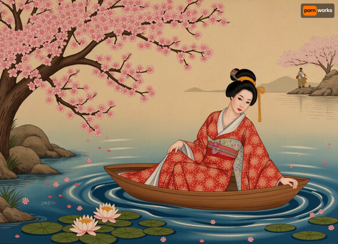 A 17th century, (wooden panel:1.8), (master painting), (high quality:1.2), (detailed:1.1), (Japanese aesthetics), (deep tones), (rich colors), (refined:1.1), geisha woman in boat, traditional, (kimono:1.1), with, (coral cherry blossoms:1.1), and, (red obi:1.1), (black hair:1.2), (traditional hairstyle:1.1), (spring pond), (floating sakura petals), (water lilies), (blossoming sakura trees:1.1), (blue water:1.2), (radiant light), (realistic water reflections), (ukiyo-e art style), (Japanese woodblock print), (precise outline), (smooth lighting)