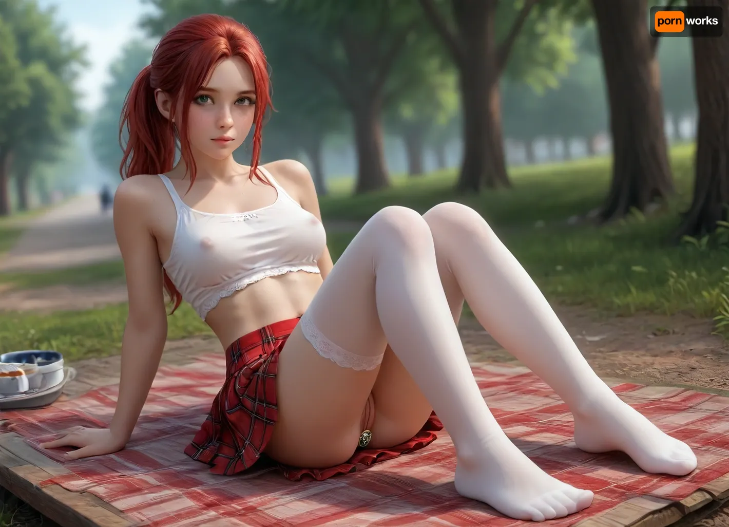 Full body portrait, wide angle shot, up skirt, view under legs, focus legs, 1girl, big charming green eyes, sitting, knees together, legs bent, toes pointed, (thighhigh white stockings), plaid microskirt, see though tank top, on picnic table, blurry background, hourglass figure, large perky breasts, day, freckles, lips, long hair, ponytail, looking at viewer, navel, nipples, nude, outdoors, beautiful realistic shaved pussy, jeweled buttplug, red hair, solo, uncensored, <lora:add-detail-xl:2>, <lora:photorealistic_portrait_notrigger:2>