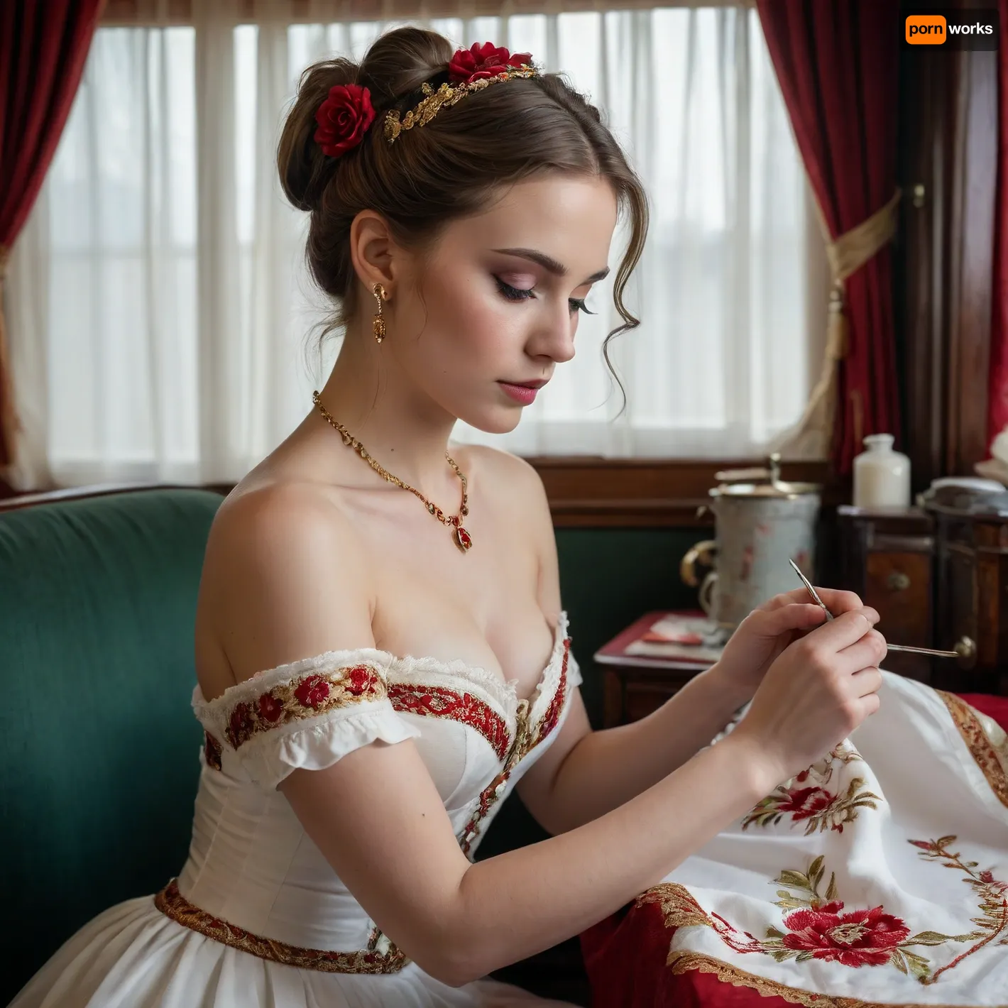 (Hand embroidery with a needle:1.2), (Embroidery needle with thread and a towel. A beautiful woman. 1.1), ((She holds a needle in her hand and a towel with a floral design)), A woman is embroidering a towel with a floral design. Inside a luxurious 1895 Orient Express carriage, golden hour light, stunning 25-year-old Victorian beauty, perfect face, green eyes, porcelain skin, corset dress, (embroidering a white handkerchief with red and gold flowers), (needle with thread in hand piercing the fabric at this moment:1.5), delicate hands holding the needle with thread in the foreground, embroidering with the needle and thread, sensual and concentrated expression, soft cinematic lighting, ultra-detailed, 8k
