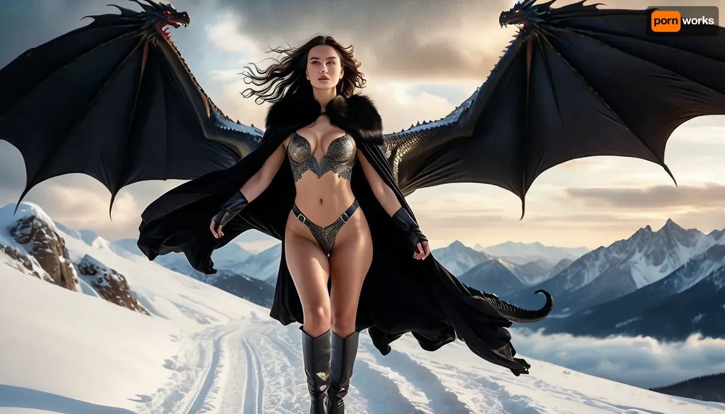 UHD 8K, cinematic masterpiece, extreme realism, hyper-detailed skin, fine pores, HDR lighting, maximum detail, maximum quality, 35mm photography, Nikon Z7 II style, high-quality cinematic color gradation, ultra-detailed textures, (photorealism:1.5), (ultrarealism:1.5), (extreme detail:1.4), ultra-high resolution.

Beautiful pale, chubby, (plump), woman, medium breasts, (((shaved vagina, perfect vagina))), with long braided black hair, confident and sensual, (((wearing a black fur cape))), sensual black suspenders, long black gloves. Full body visible, (emphasis on frontal view:1.4), flying pose, wind moving her hair and cape., (((She is mounted on a huge black dragon from Game of Thrones, enormous wings fully extended, dynamic aerial shot, powerful sense of scale, cinematic movement, dragon's body fully visible))), .

Scene set in a snowy and stormy landscape, dramatic atmosphere, strong backlighting, contour lighting outlining the woman's silhouette and the dragon's scales, cold ambient lighting, ultra-detailed snow particles in the air. Professional fantasy photography, epic composition, award-winning visual style, (high realism:1.6), (ultra-detailed environment:1.4), 8k wallpaper quality.