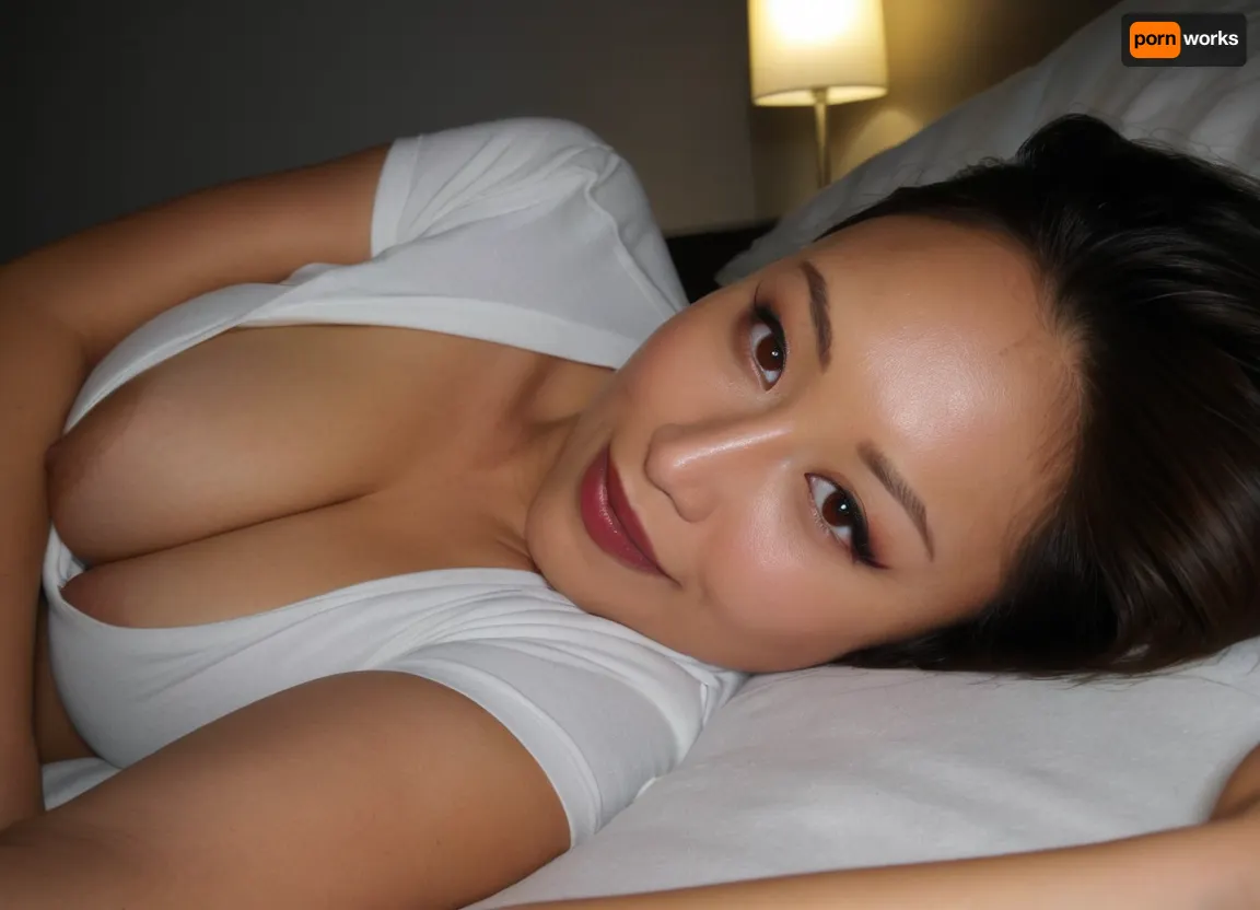 Amature candid photo, Amature a mature Chinese woman in her late 40s with a sophisticated, confident, and alluring aesthetic. She possesses a soft oval face shape, high defined cheekbones, and a smooth jawline. Her key facial features include large, expressive, elongated almond-shaped eyes with distinct double eyelids and a slightly upturned 'phoenix' shape, emphasized with dark eyeliner creating a defined, sultry gaze. She has a high, straight, refined nose bridge. Her full, well-defined lips are prominent, painted with a rich, deep red matte lipstick. Her complexion is fair, glowing, and porcelain-like, ('glass skin'), showing realistic subtle maturity without deep wrinkles, framed by nicely groomed, slightly arched eyebrows, laying on her side next to you on a bed, dark dorm room, wearing only a white tshirt, cleavage, small flirty smile, ultimate realism, poor lighting, at night, dark, night, realistic detailed skin texture, focus on realistic face, Sun-kissed skin, detailed realistic eyes