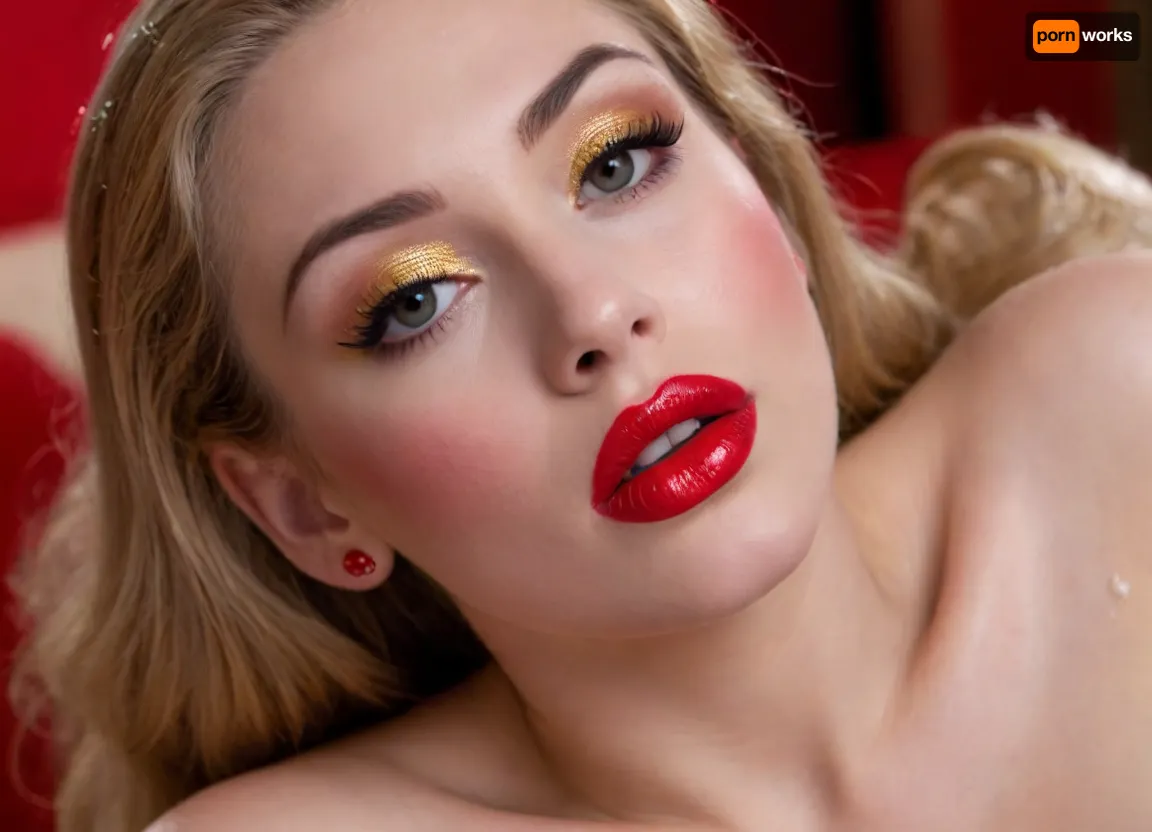 I'm 27 years old, I'm a horse girl., ((makeup:1.5), long blue eyelashes, olive eyeshadow with glitter), (big red lips:1.5), full lips of a bold red tone, thick red lipstick shiny moisturized by transparent wet gloss, she sits completely naked and uninhibited, showing her cap and pussy in lipstick, flowered stockings on her legs