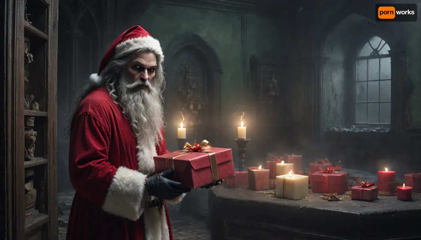 1female, 1santa, a young woman in a nightgown, 22 years old, stands frozen in terror, her expression one of pure fear, In a crumbling, dystopian baroque palace, the air is thick with an unsettling gloom. In the midst of this desolation, (a demonic Santa has gift packages for her:1.5), his green glowing eyes piercing the darkness, and his monstrous form casting a sinister presence, Scattered around the room, broken gifts lie abandoned, their wrapping torn and faded. An old Christmas tree stands in a corner, its needles largely fallen, leaving behind skeletal branches adorned with cracked ornaments. The dim glow of candles flickers, casting long, eerie shadows across the decaying walls. The entire scene is bathed in a gloomy, oppressive atmosphere, where every festive element is warped and broken, creating a chilling, nightmarish holiday scene, Black, and, white, art, black, shading, charcoal, toned, brutal, dark, b/w, color, scheme, <lora:Cloudy_Style:.8>, <lora:Black and white art.V1:.8>