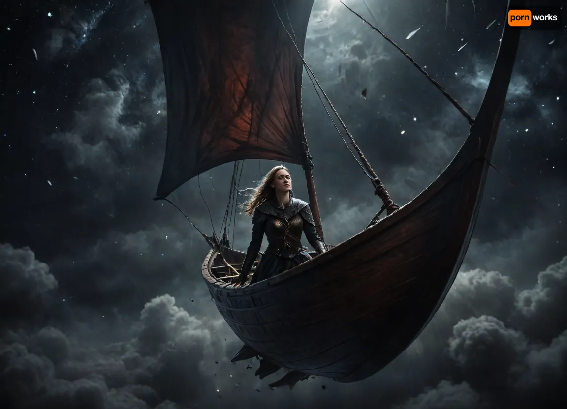 A beautiful viking girl in a sail boat flying outer space, large sail, long shot, from below, dream like, surreal, fantasy, painting, Dark, dreams, Eerie, reality, Horror, Darkness, <lora:DDXL:.8>